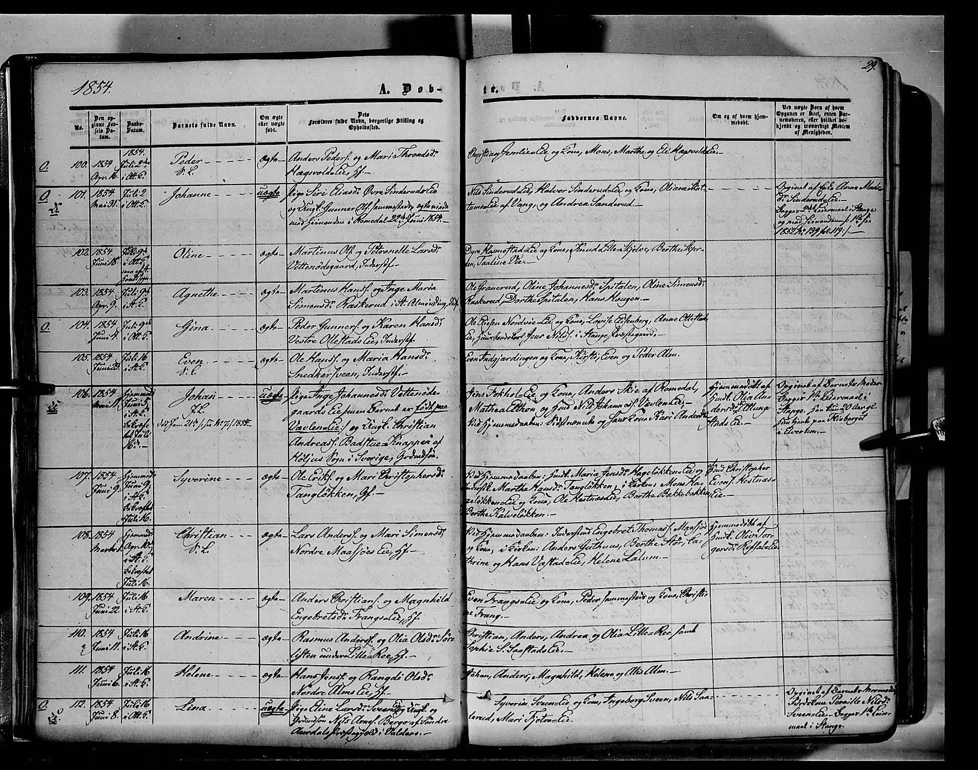 Stange prestekontor, SAH/PREST-002/K/L0012: Parish register (official) no. 12, 1852-1862, p. 29