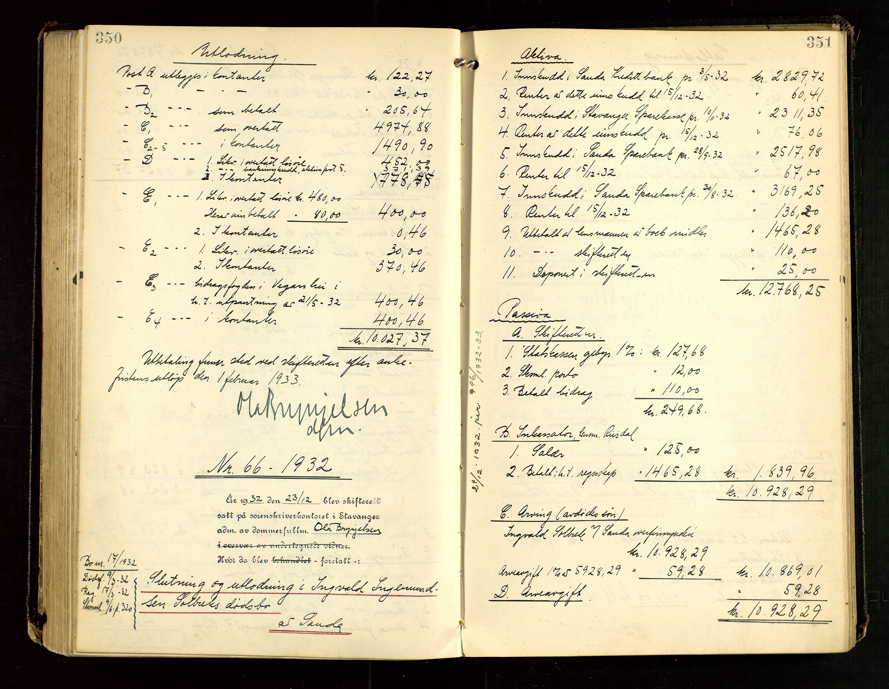 Ryfylke tingrett, AV/SAST-A-100055/001/IV/IVG/L0007: Skifteutlodningsprotokoll Med register, 1929-1933, p. 350-351