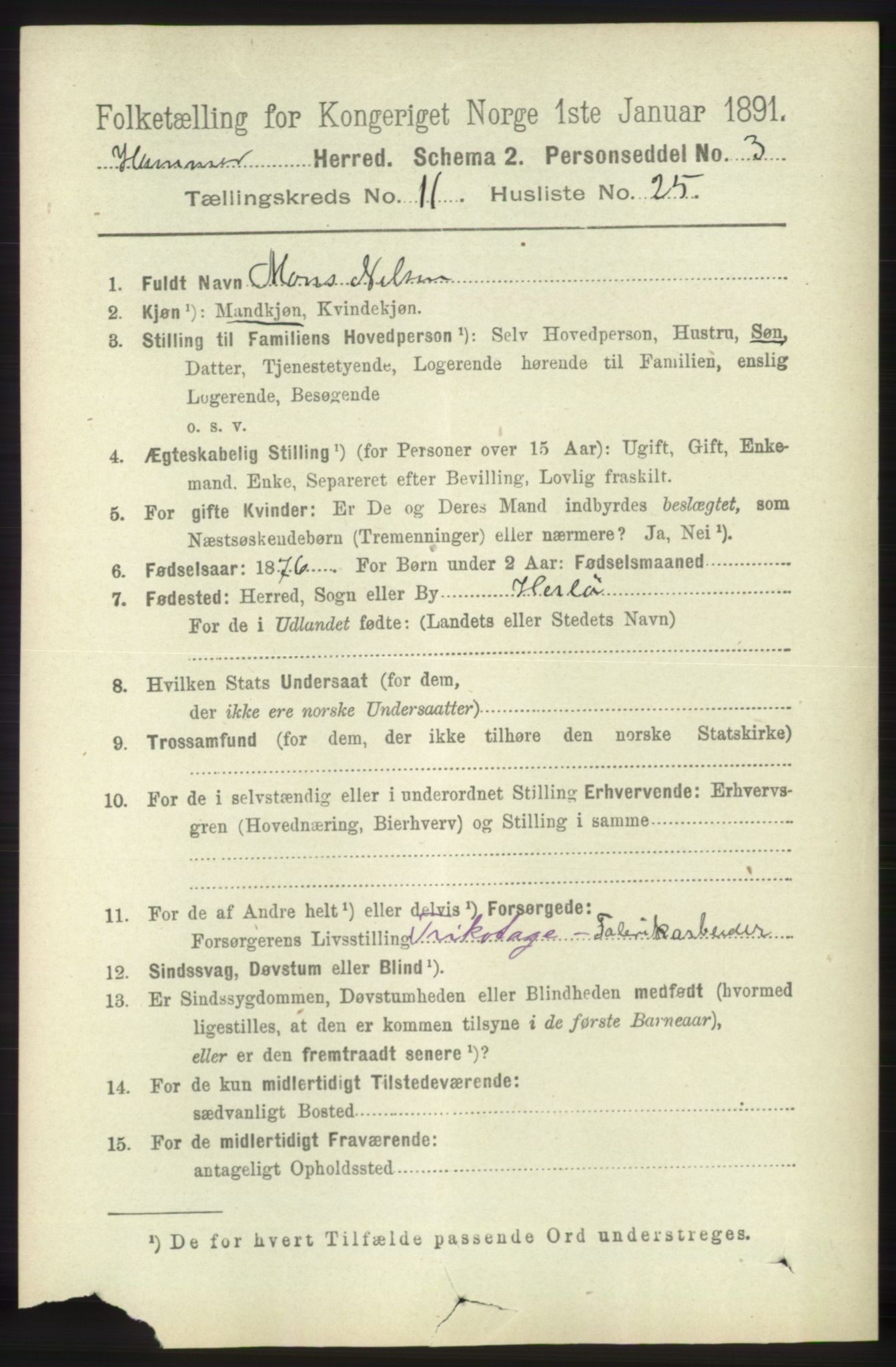 RA, 1891 census for 1254 Hamre, 1891, p. 3402