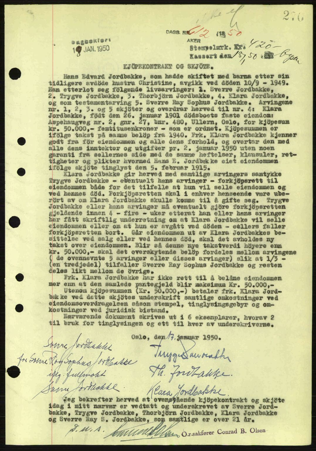 Oslo byskriverembete, AV/SAO-A-10227/G/Gb/Gbd/Gbda/L0017: Mortgage book no. A215, 1949-1950, Diary no: : 612/1950