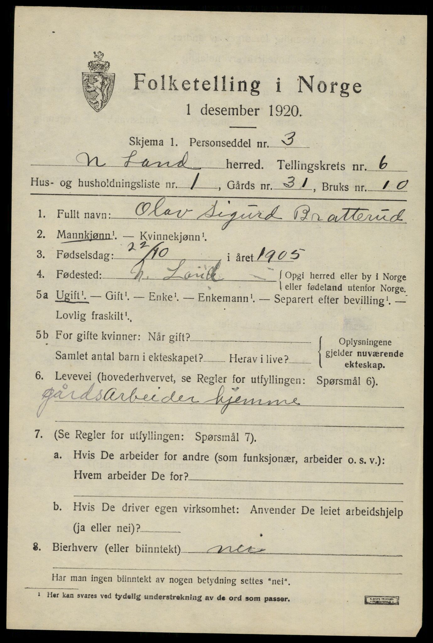 SAH, 1920 census for Nordre Land, 1920, p. 3858