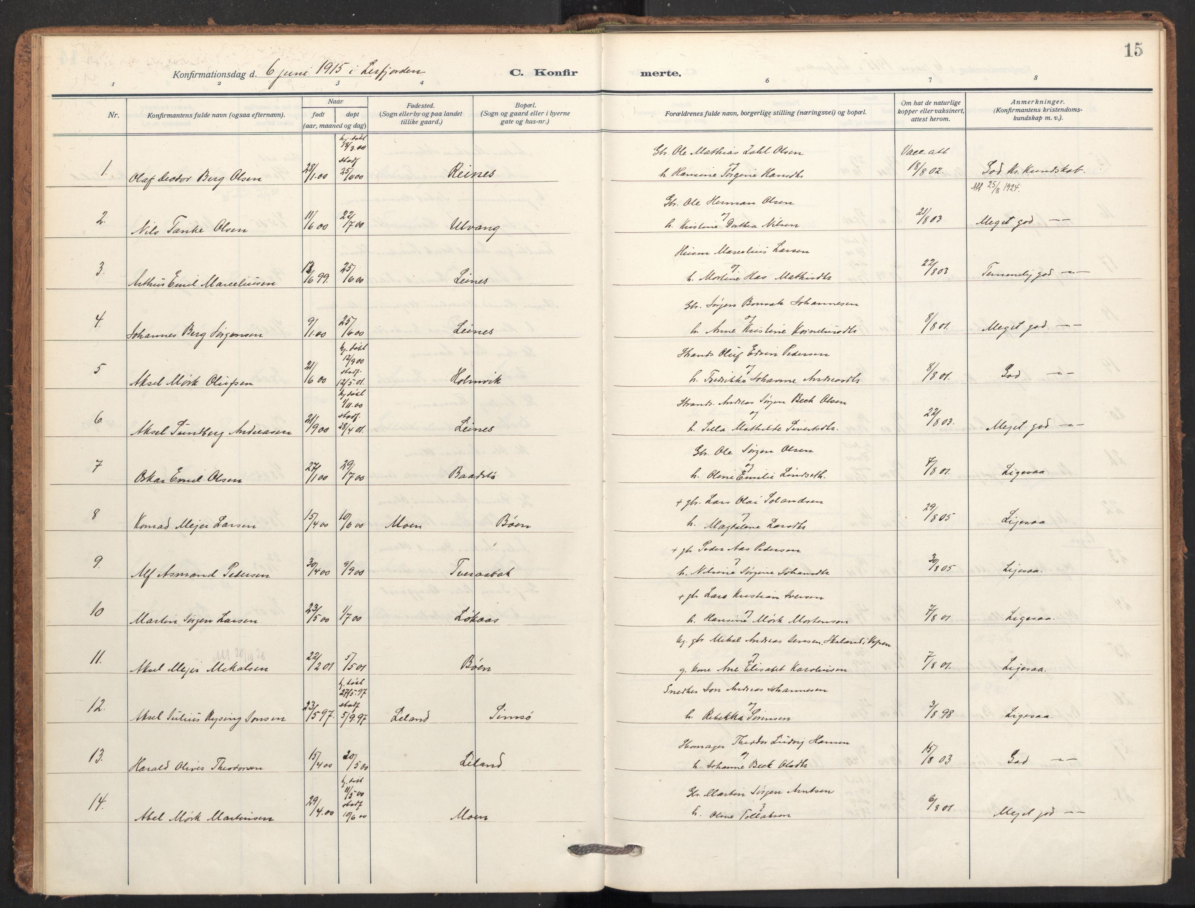 Ministerialprotokoller, klokkerbøker og fødselsregistre - Nordland, AV/SAT-A-1459/831/L0473: Parish register (official) no. 831A04, 1909-1934, p. 15