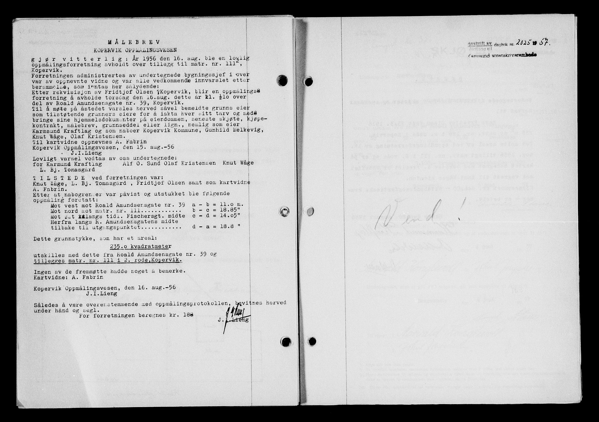 Karmsund sorenskriveri, SAST/A-100311/01/II/IIB/L0125: Mortgage book no. 105A, 1957-1957, Diary no: : 2025/1957