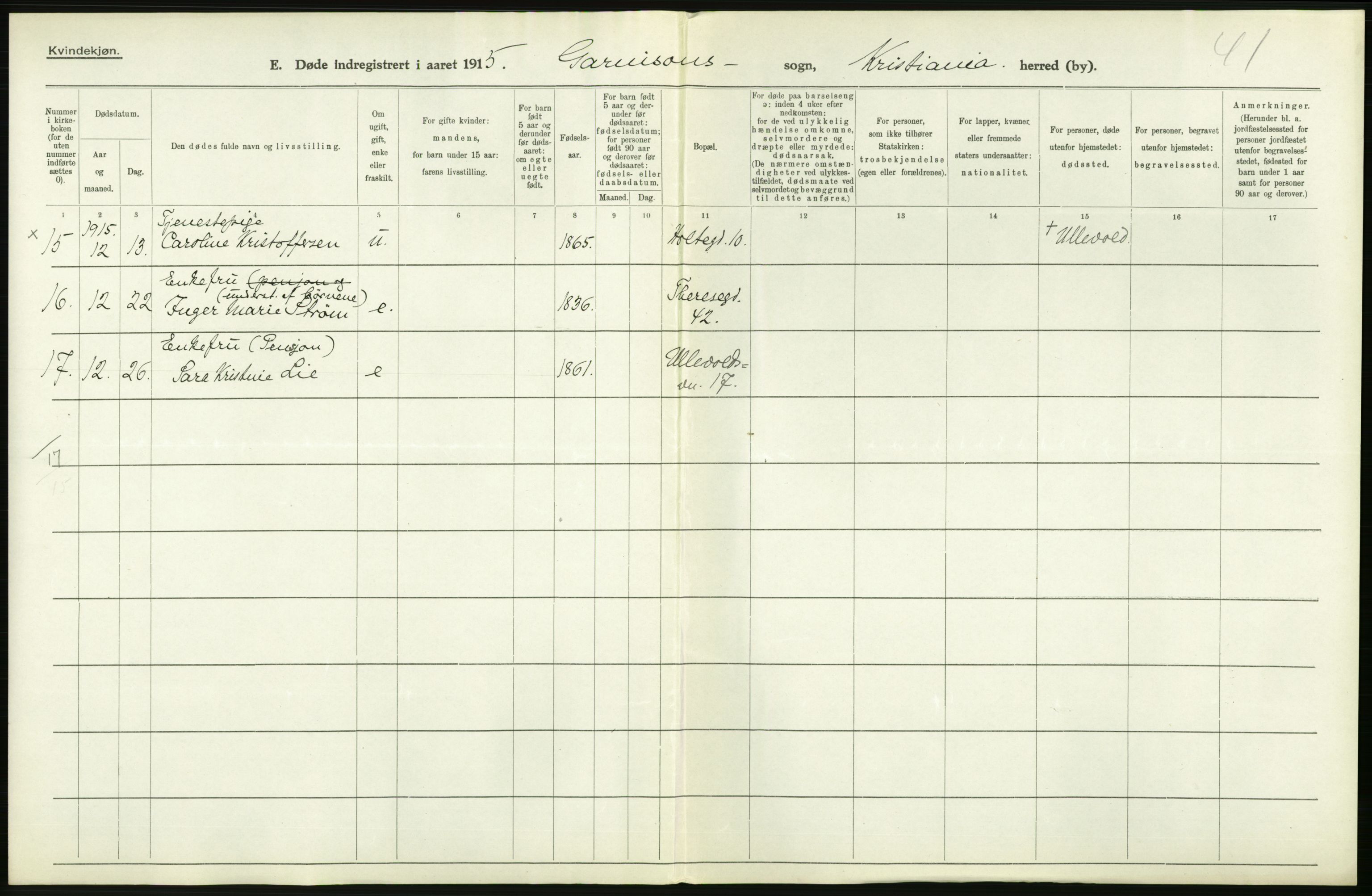 Statistisk sentralbyrå, Sosiodemografiske emner, Befolkning, RA/S-2228/D/Df/Dfb/Dfbe/L0010: Kristiania: Døde, dødfødte., 1915, p. 326