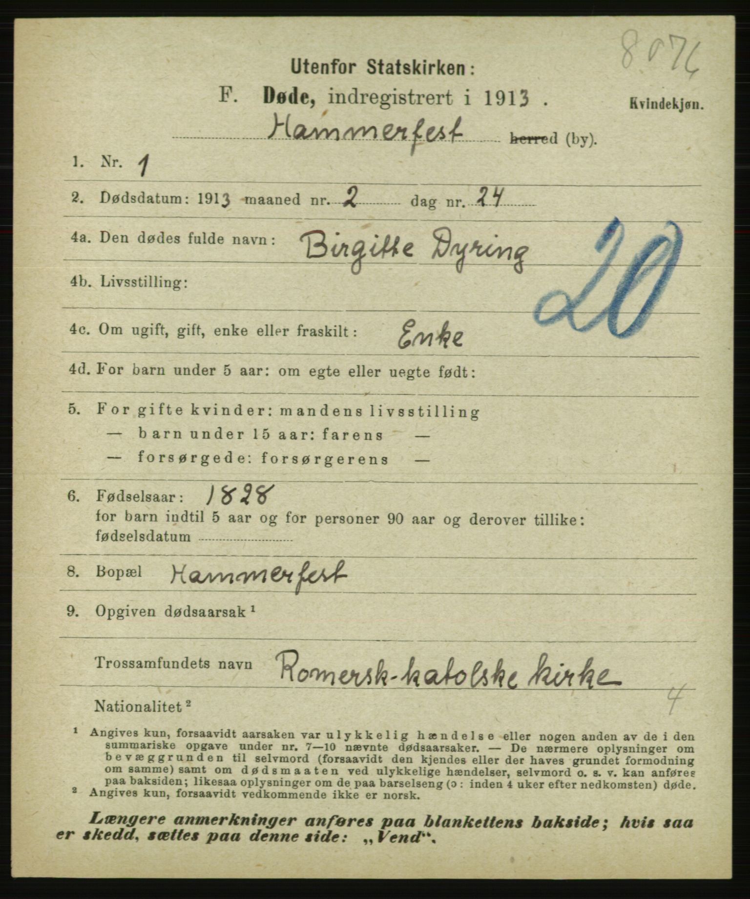 Statistisk sentralbyrå, Sosiodemografiske emner, Befolkning, AV/RA-S-2228/E/L0011: Fødte, gifte, døde dissentere., 1913, p. 3273