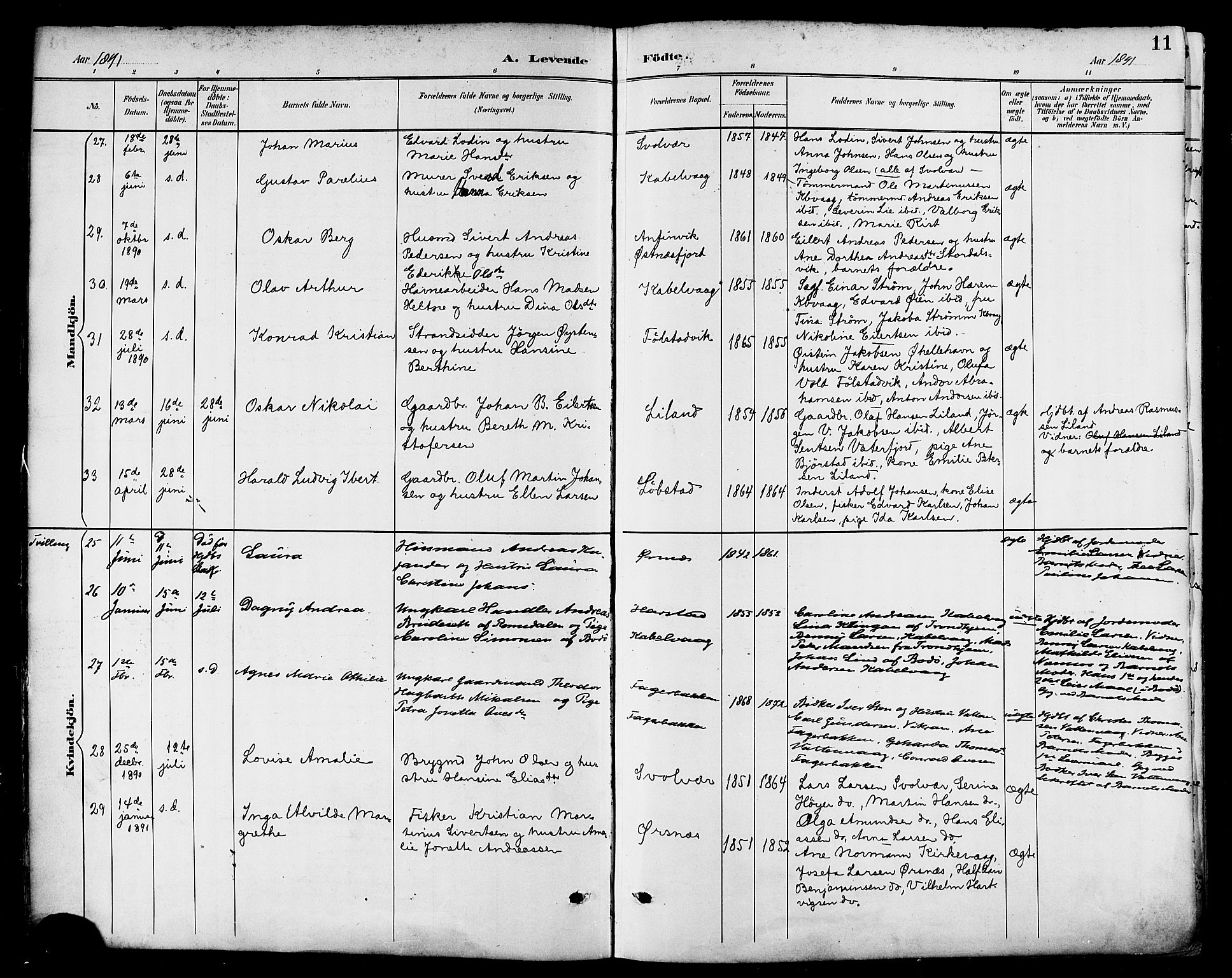 Ministerialprotokoller, klokkerbøker og fødselsregistre - Nordland, SAT/A-1459/874/L1060: Parish register (official) no. 874A04, 1890-1899, p. 11