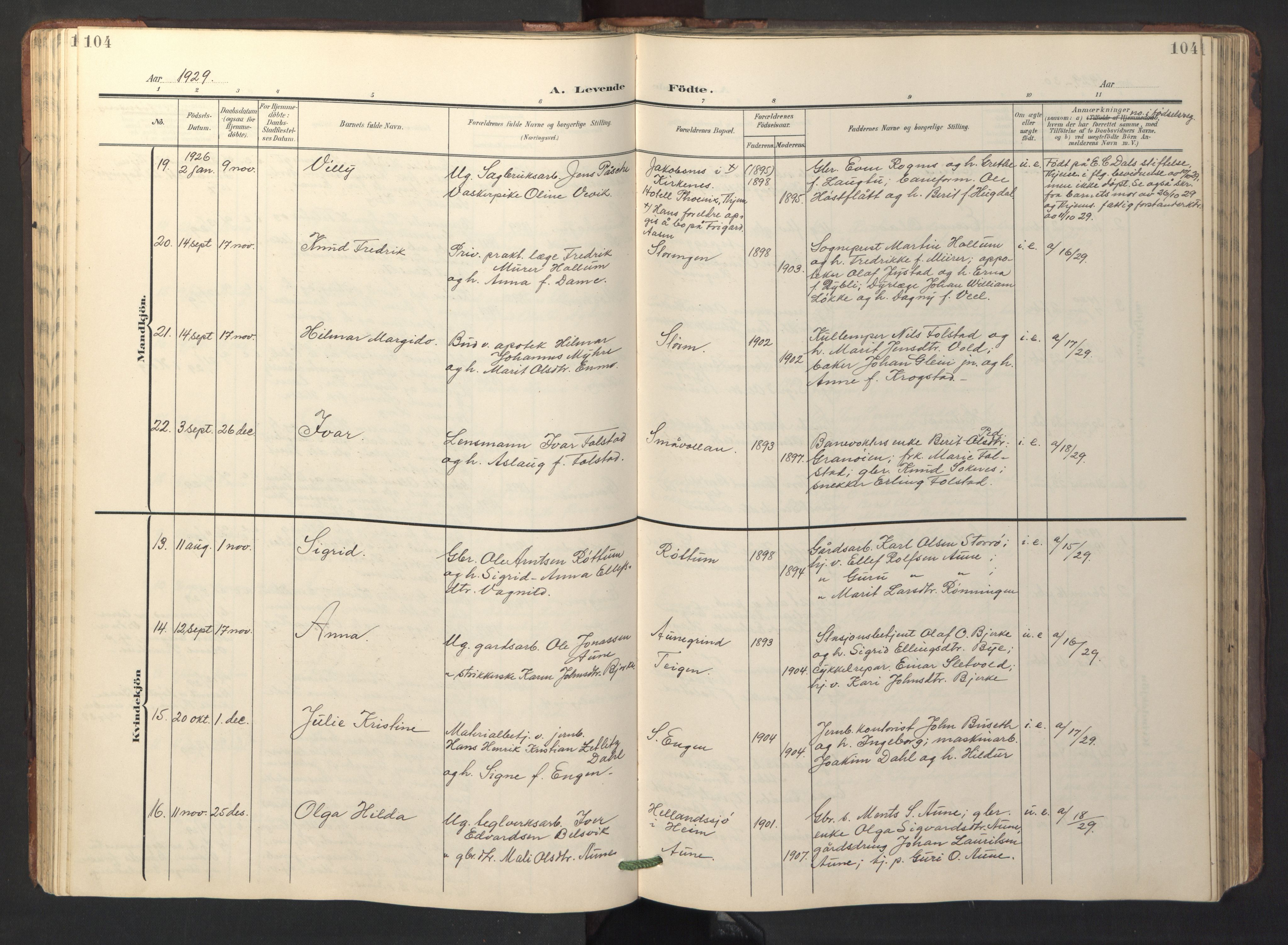 Ministerialprotokoller, klokkerbøker og fødselsregistre - Sør-Trøndelag, SAT/A-1456/687/L1019: Parish register (copy) no. 687C03, 1904-1931, p. 104