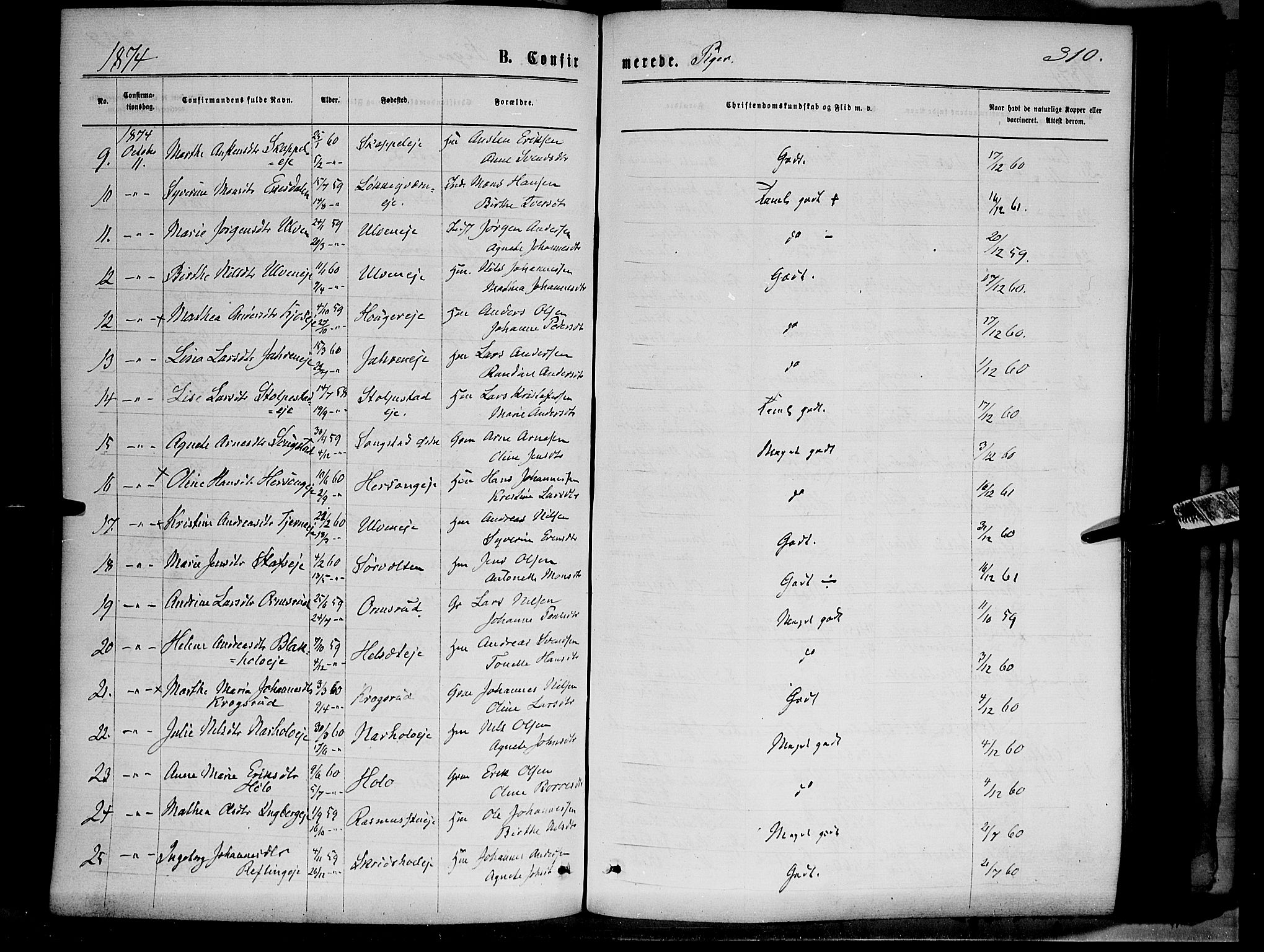 Ringsaker prestekontor, AV/SAH-PREST-014/K/Ka/L0011: Parish register (official) no. 11, 1870-1878, p. 310