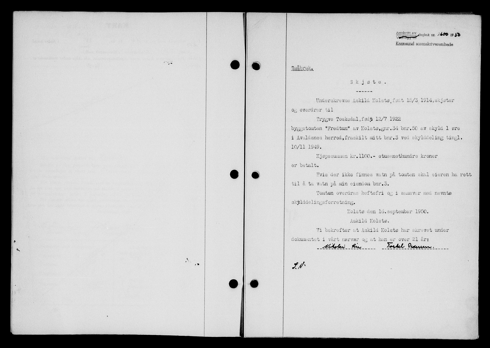 Karmsund sorenskriveri, SAST/A-100311/01/II/IIB/L0101: Mortgage book no. 81A, 1950-1951, Diary no: : 2600/1950