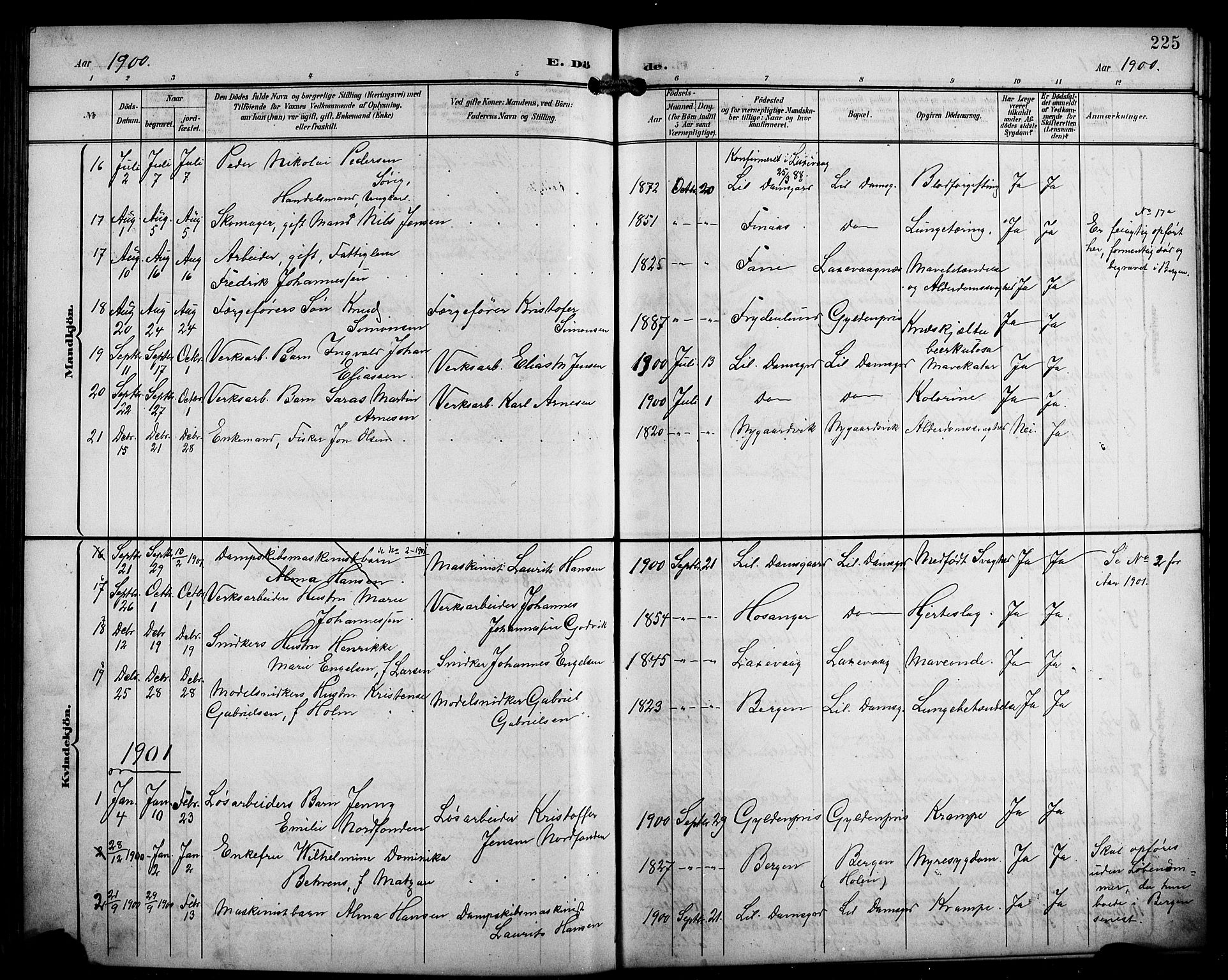 Laksevåg Sokneprestembete, SAB/A-76501/H/Ha/Hab/Haba/L0004: Parish register (copy) no. A 4, 1899-1909, p. 225