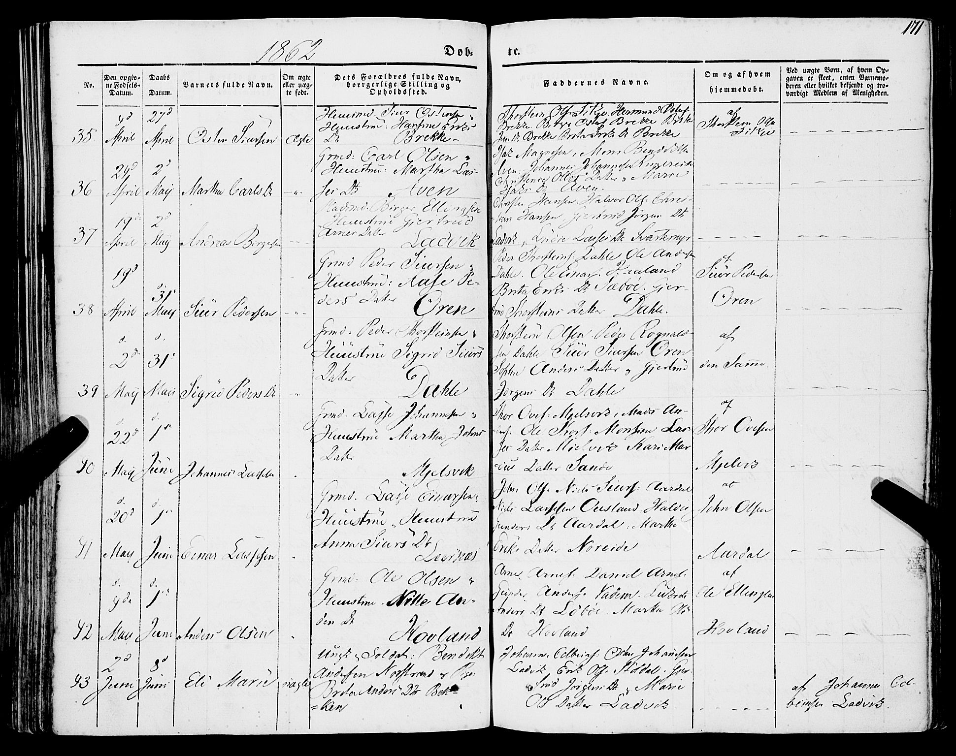 Lavik sokneprestembete, SAB/A-80901: Parish register (official) no. A 3, 1843-1863, p. 171