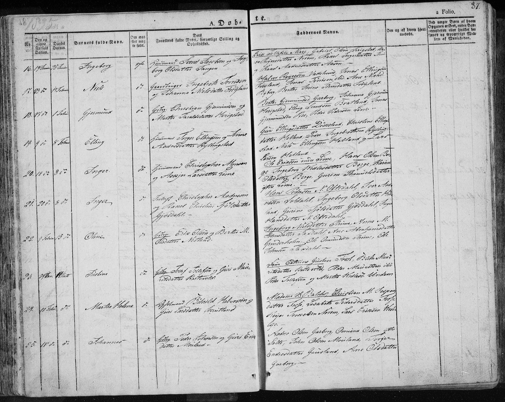 Lye sokneprestkontor, SAST/A-101794/001/30BA/L0004: Parish register (official) no. A 4, 1826-1841, p. 87