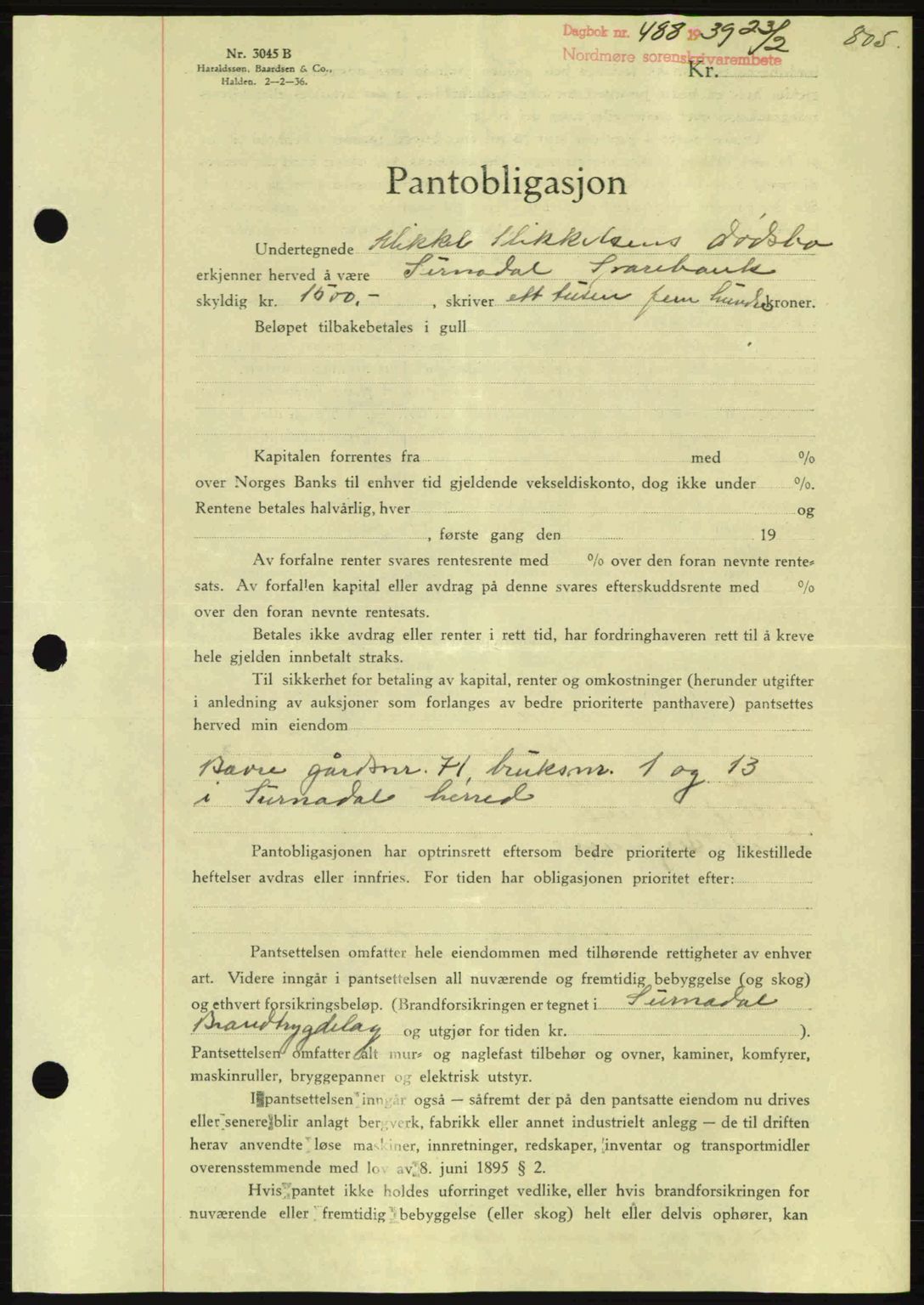 Nordmøre sorenskriveri, SAT/A-4132/1/2/2Ca: Mortgage book no. B84, 1938-1939, Diary no: : 488/1939