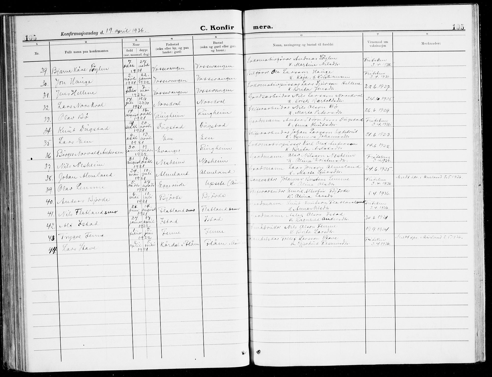 Voss sokneprestembete, AV/SAB-A-79001/H/Haa: Parish register (official) no. B 3, 1922-1942, p. 105