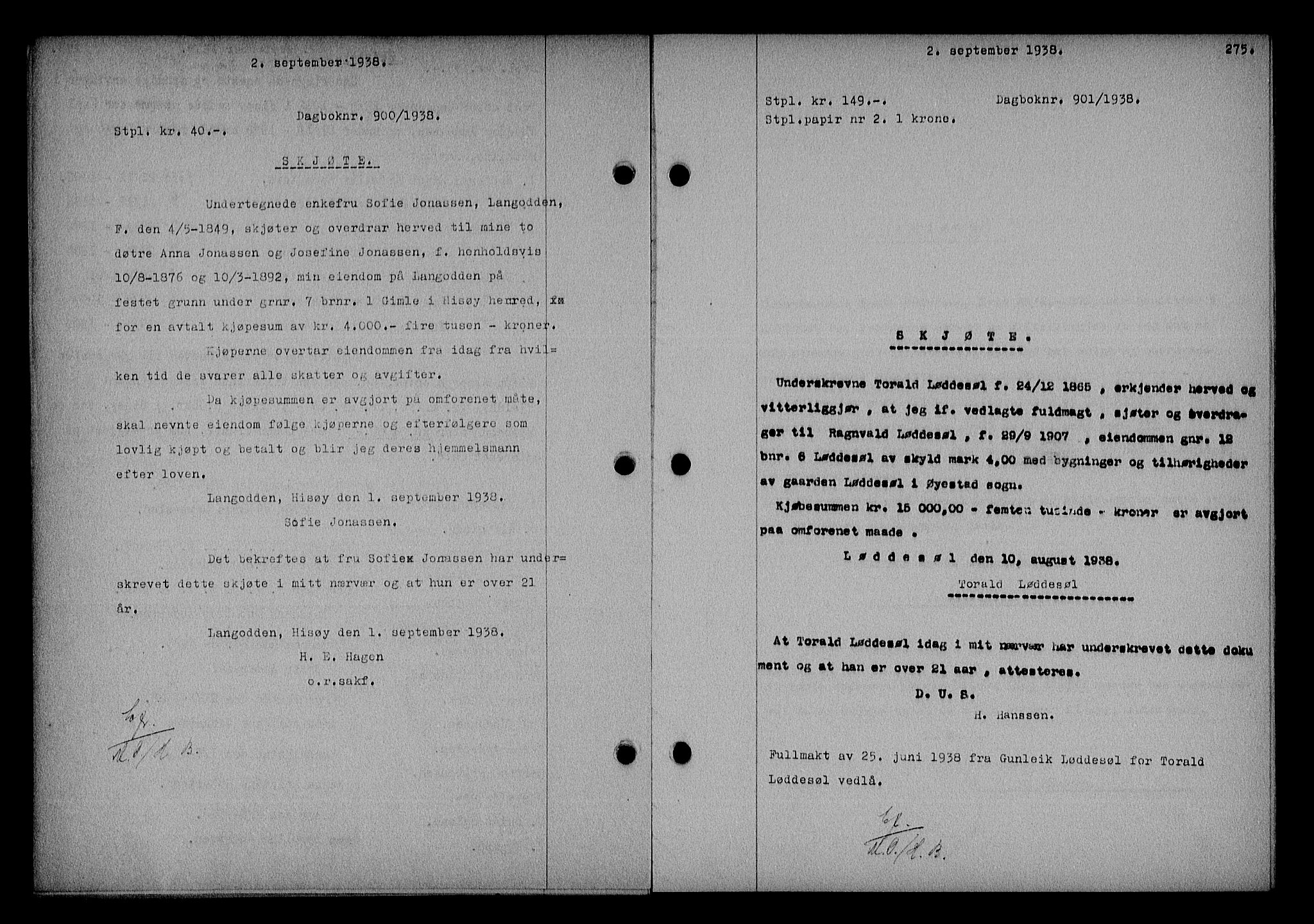 Nedenes sorenskriveri, SAK/1221-0006/G/Gb/Gba/L0045: Mortgage book no. 41, 1938-1938, Diary no: : 901/1938