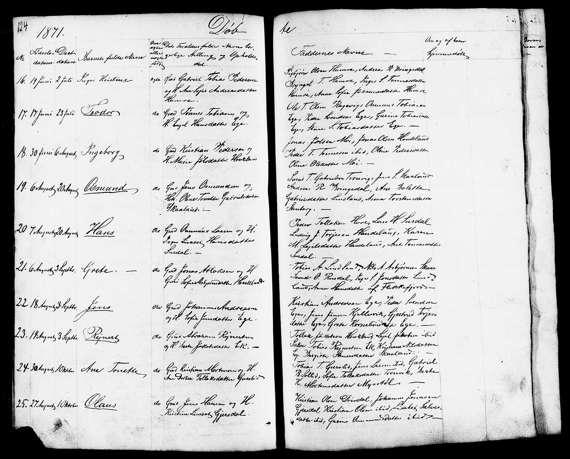 Lund sokneprestkontor, AV/SAST-A-101809/S07/L0003: Parish register (copy) no. B 3, 1848-1885, p. 124