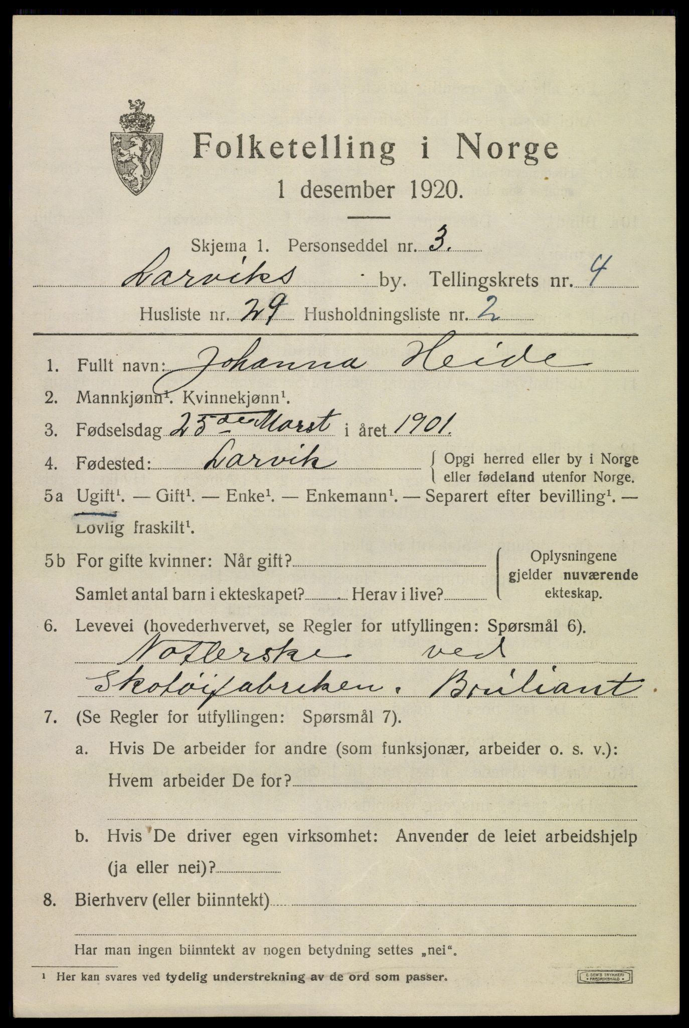 SAKO, 1920 census for Larvik, 1920, p. 13852