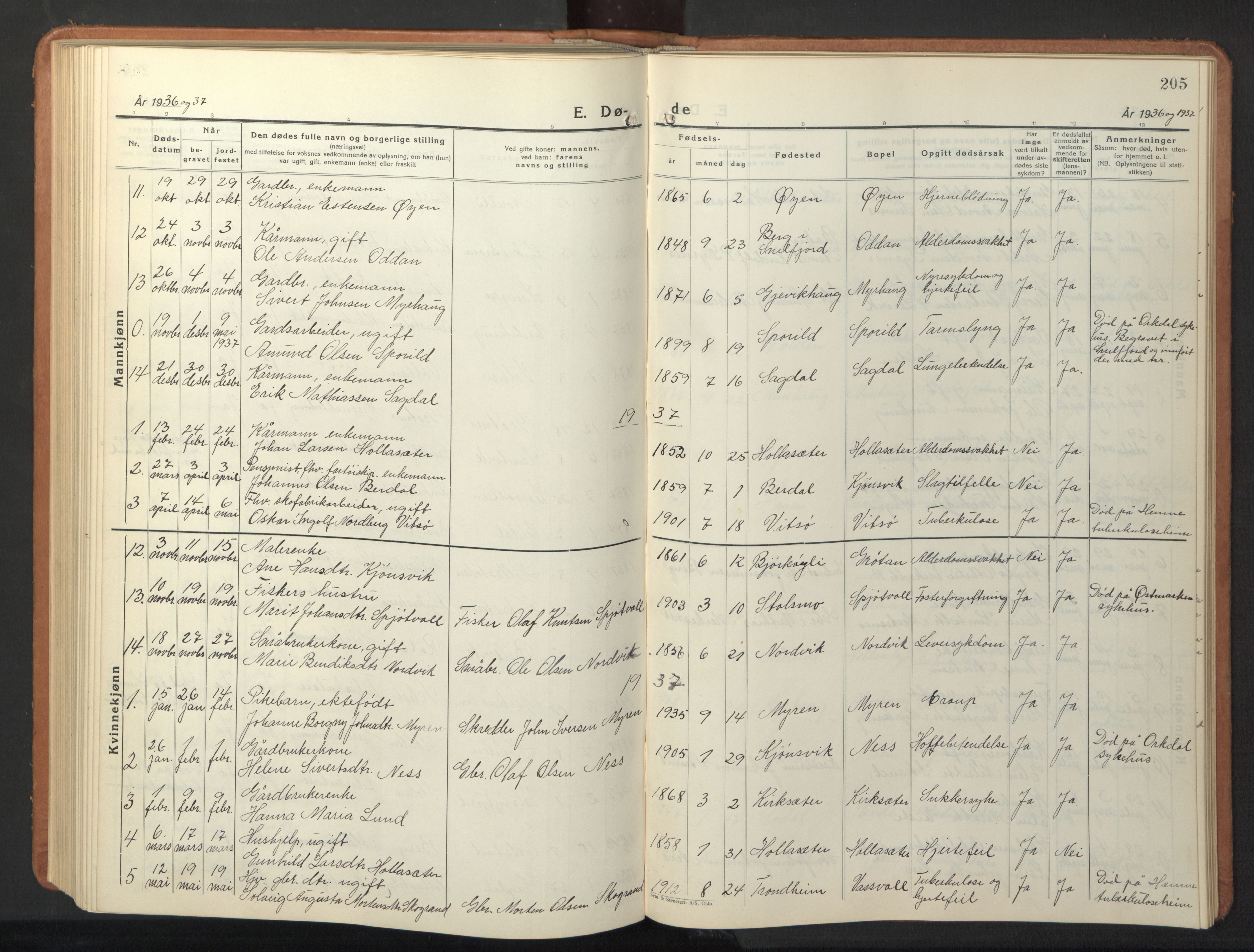 Ministerialprotokoller, klokkerbøker og fødselsregistre - Sør-Trøndelag, SAT/A-1456/630/L0508: Parish register (copy) no. 630C06, 1933-1950, p. 205