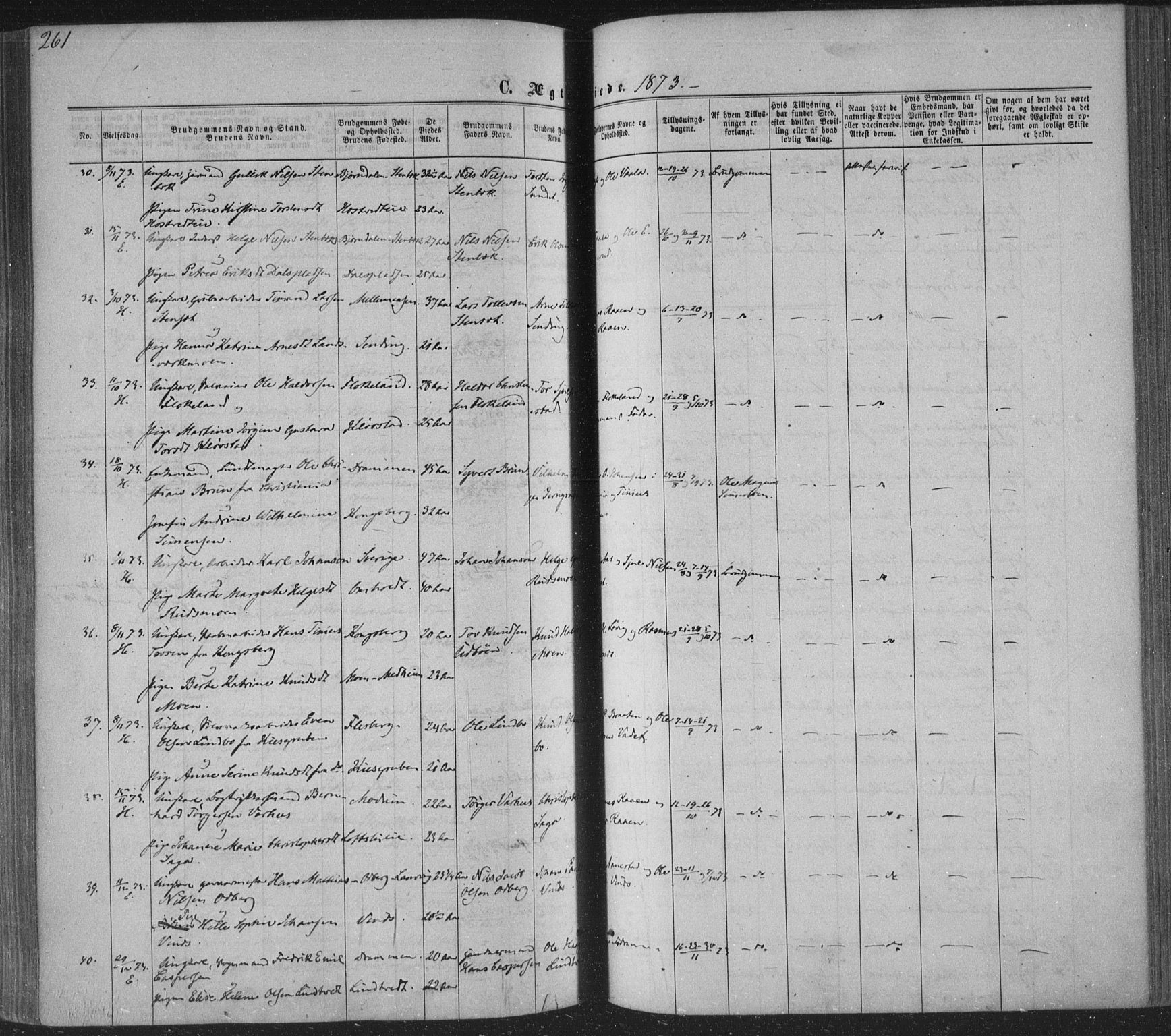 Sandsvær kirkebøker, SAKO/A-244/F/Fa/L0007: Parish register (official) no. I 7, 1869-1877, p. 261