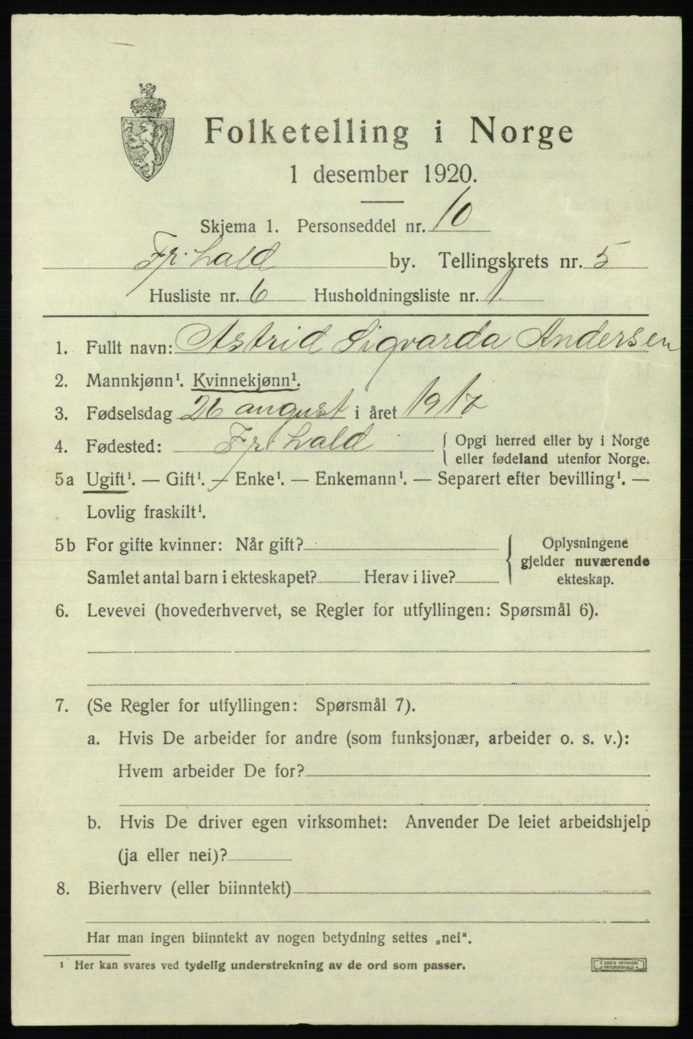 SAO, 1920 census for Fredrikshald, 1920, p. 12058