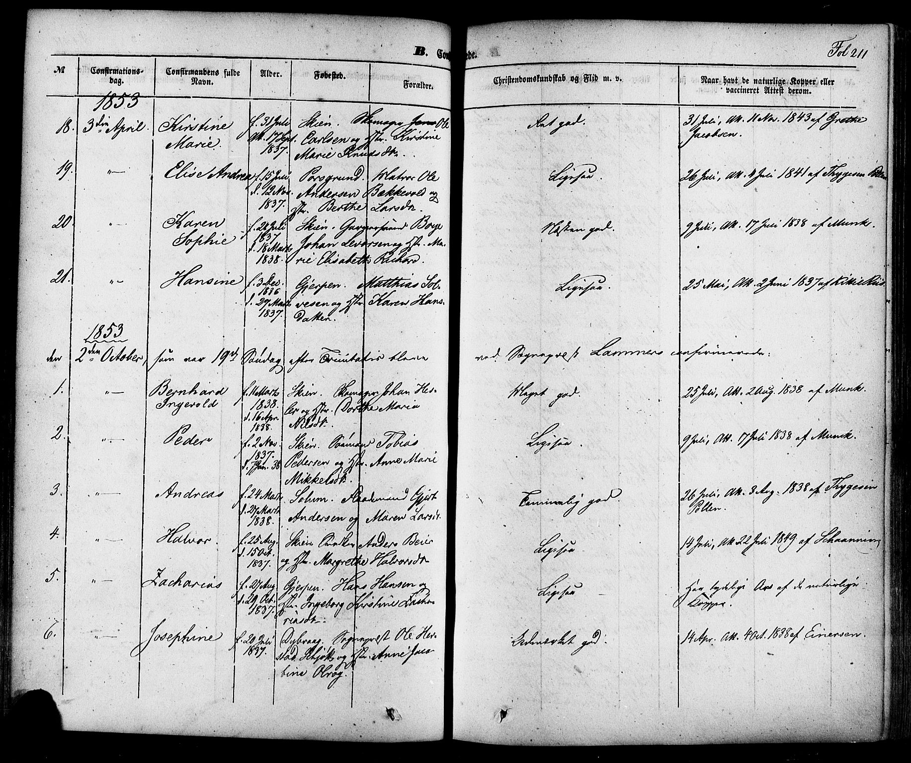 Skien kirkebøker, SAKO/A-302/F/Fa/L0006a: Parish register (official) no. 6A, 1843-1856, p. 211