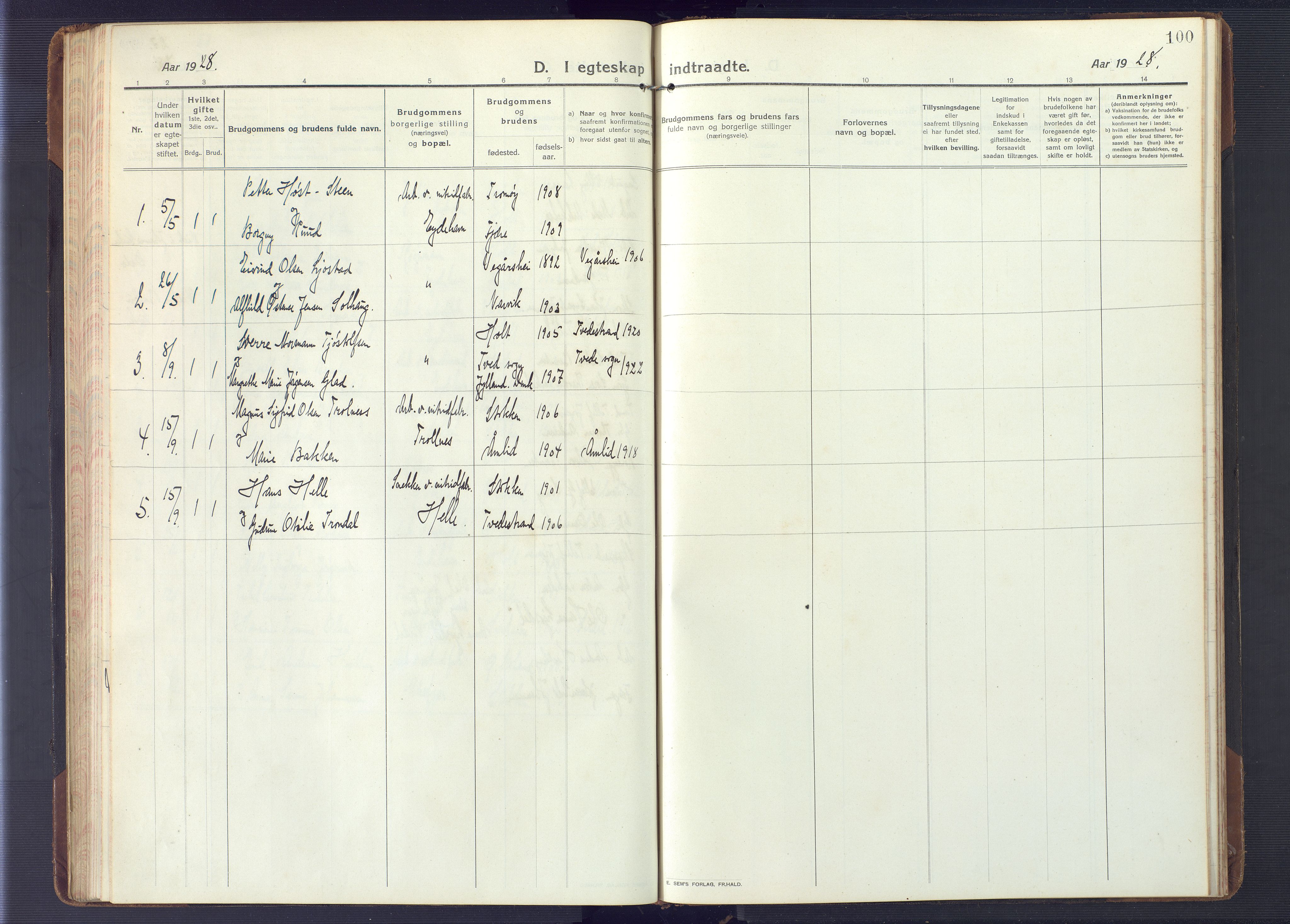 Austre Moland sokneprestkontor, SAK/1111-0001/F/Fb/Fbb/L0004: Parish register (copy) no. B 4, 1914-1929, p. 100