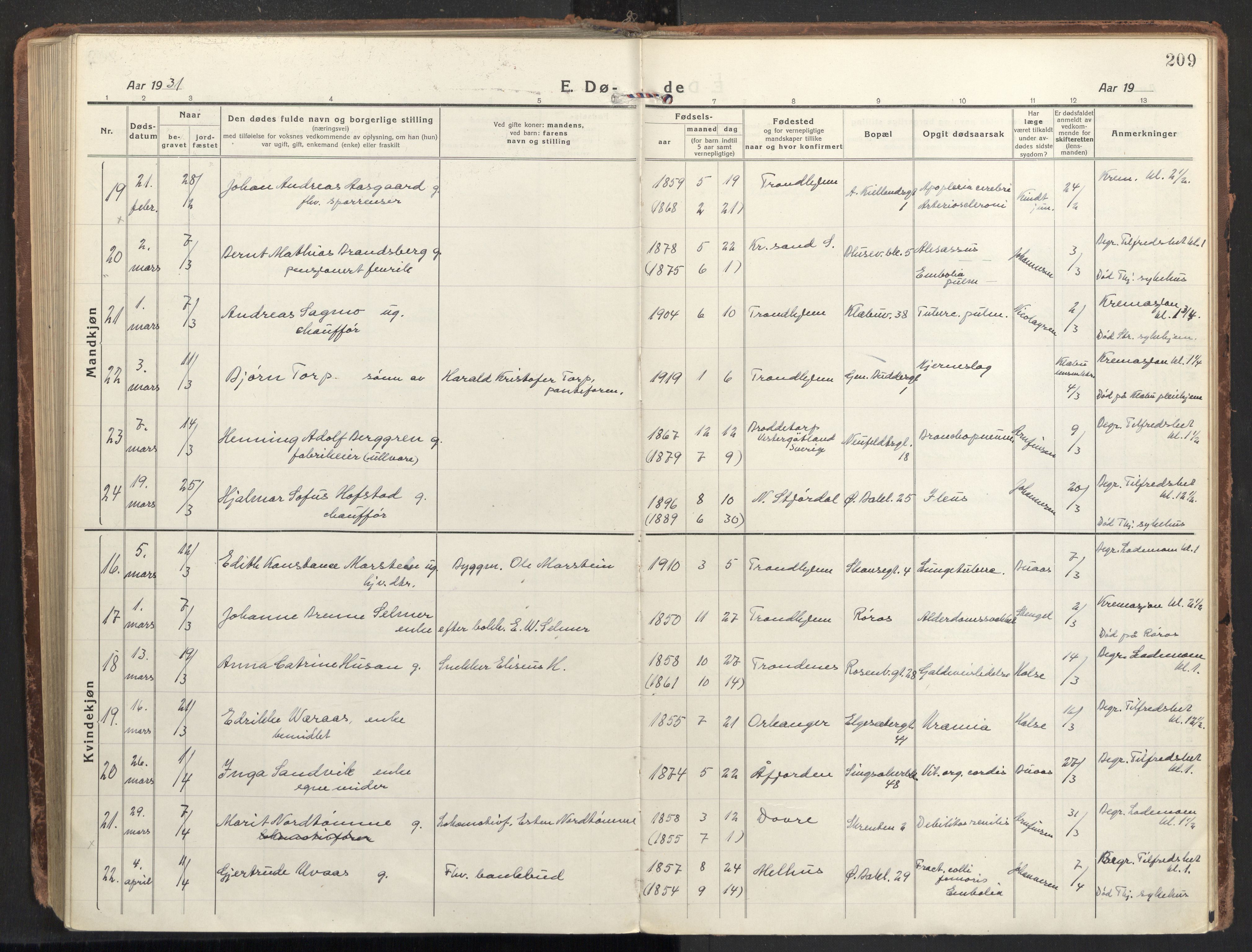 Ministerialprotokoller, klokkerbøker og fødselsregistre - Sør-Trøndelag, AV/SAT-A-1456/604/L0207: Parish register (official) no. 604A27, 1917-1933, p. 209