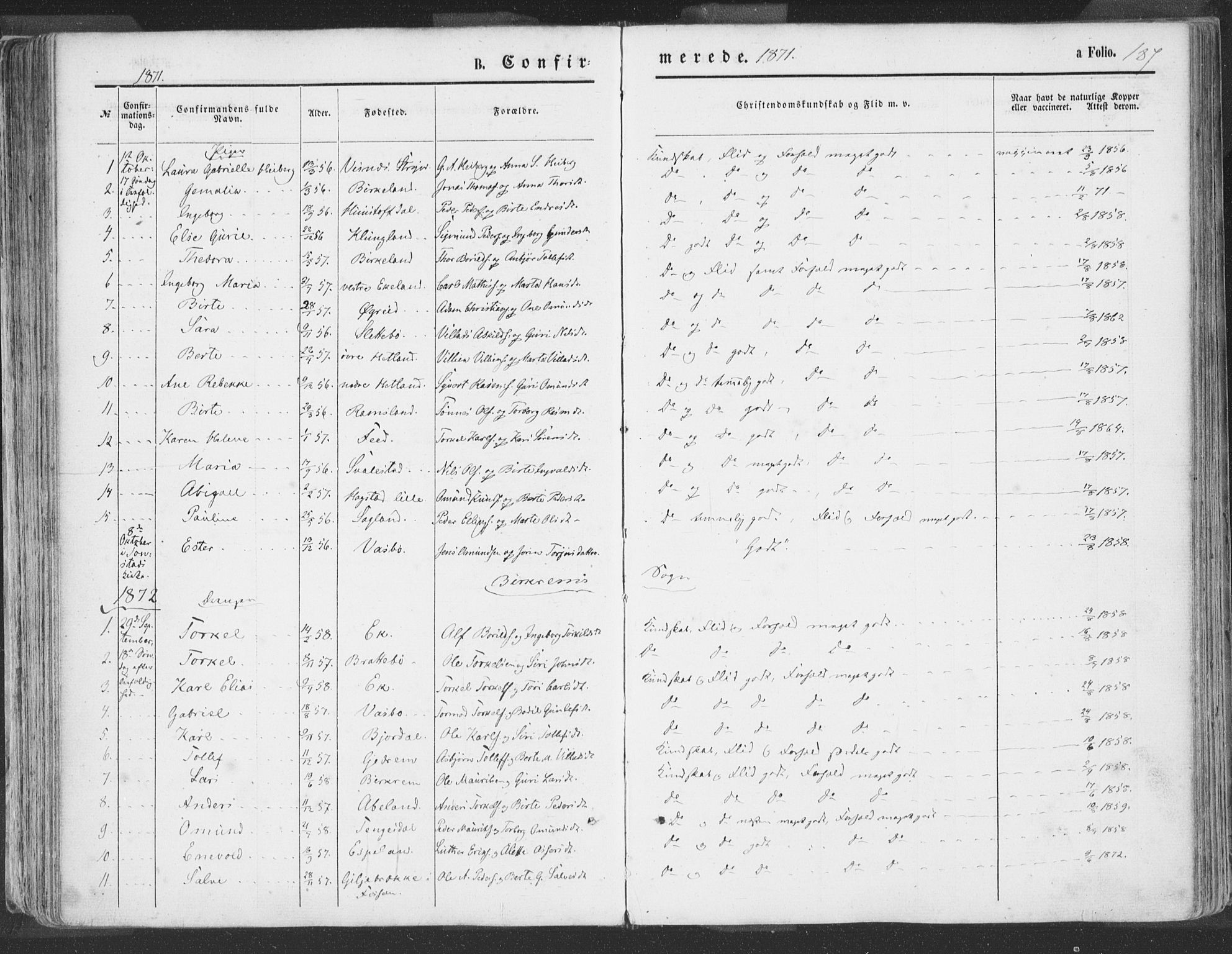 Helleland sokneprestkontor, AV/SAST-A-101810: Parish register (official) no. A 7.1, 1863-1886, p. 187