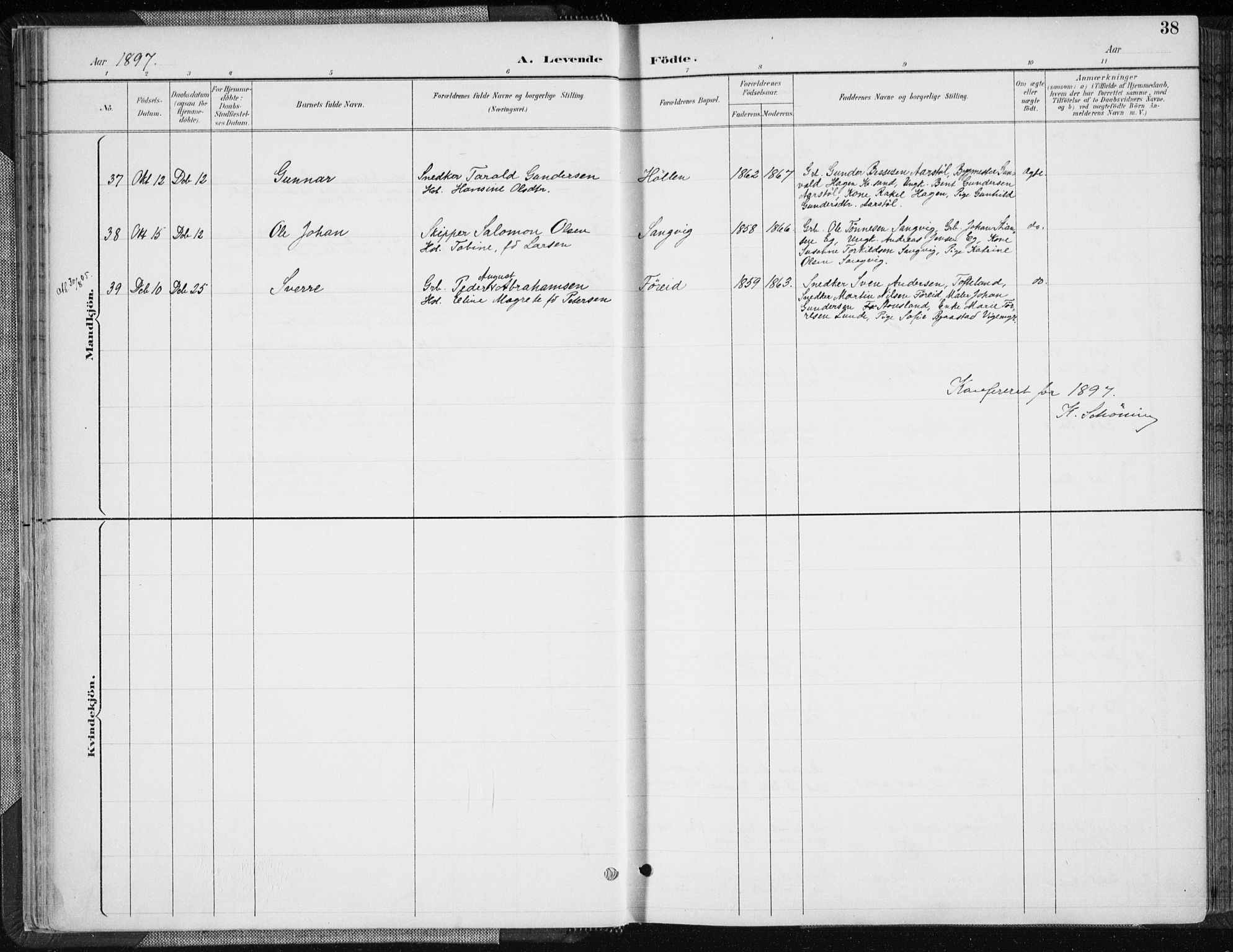 Søgne sokneprestkontor, AV/SAK-1111-0037/F/Fa/Fab/L0013: Parish register (official) no. A 13, 1892-1911, p. 38