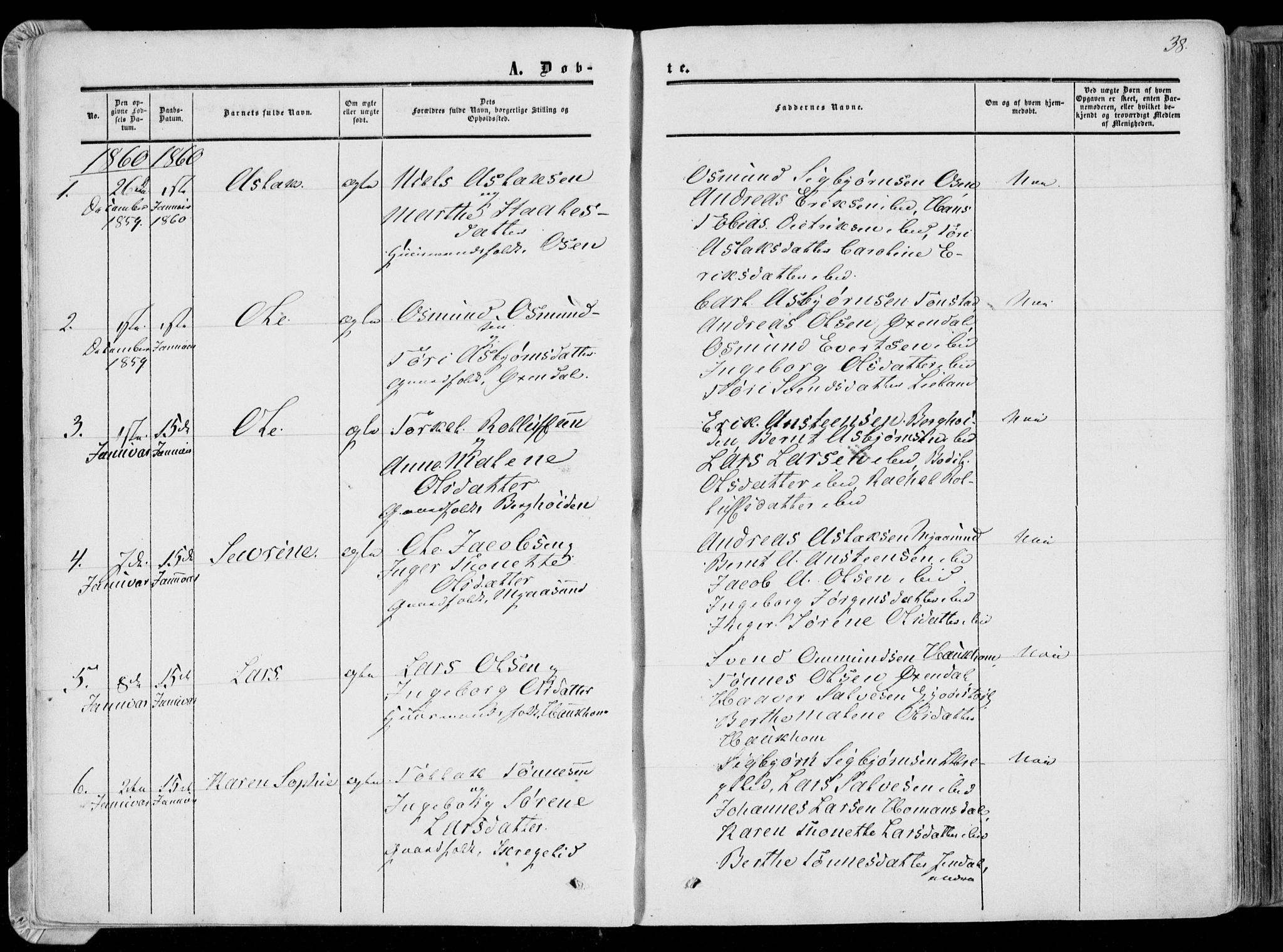 Bakke sokneprestkontor, SAK/1111-0002/F/Fa/Faa/L0006: Parish register (official) no. A 6, 1855-1877, p. 38