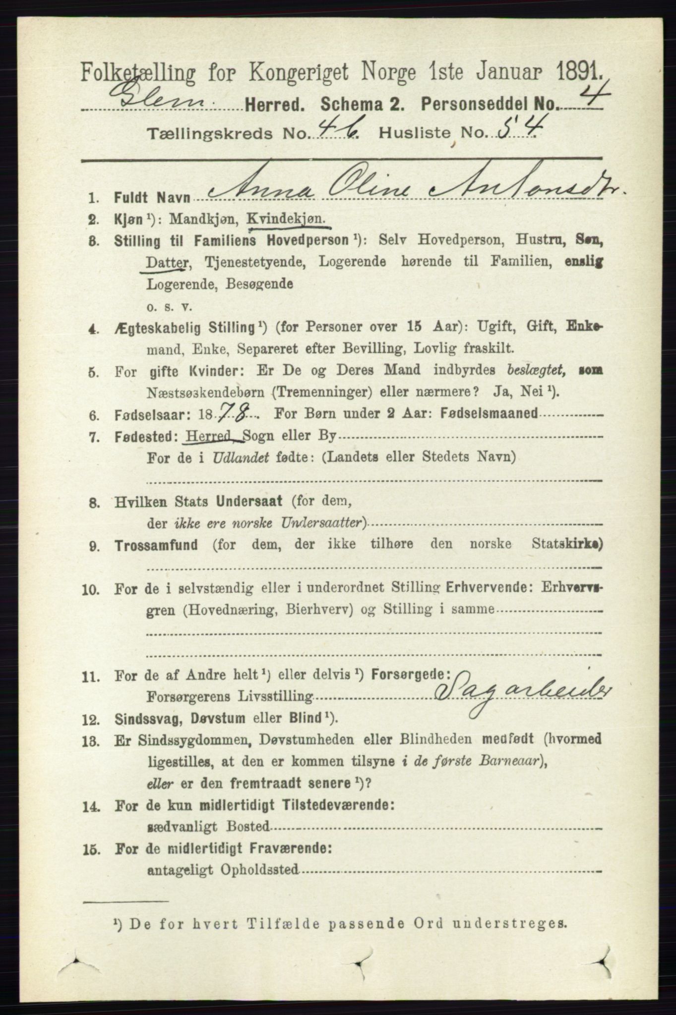 RA, 1891 census for 0132 Glemmen, 1891, p. 5442