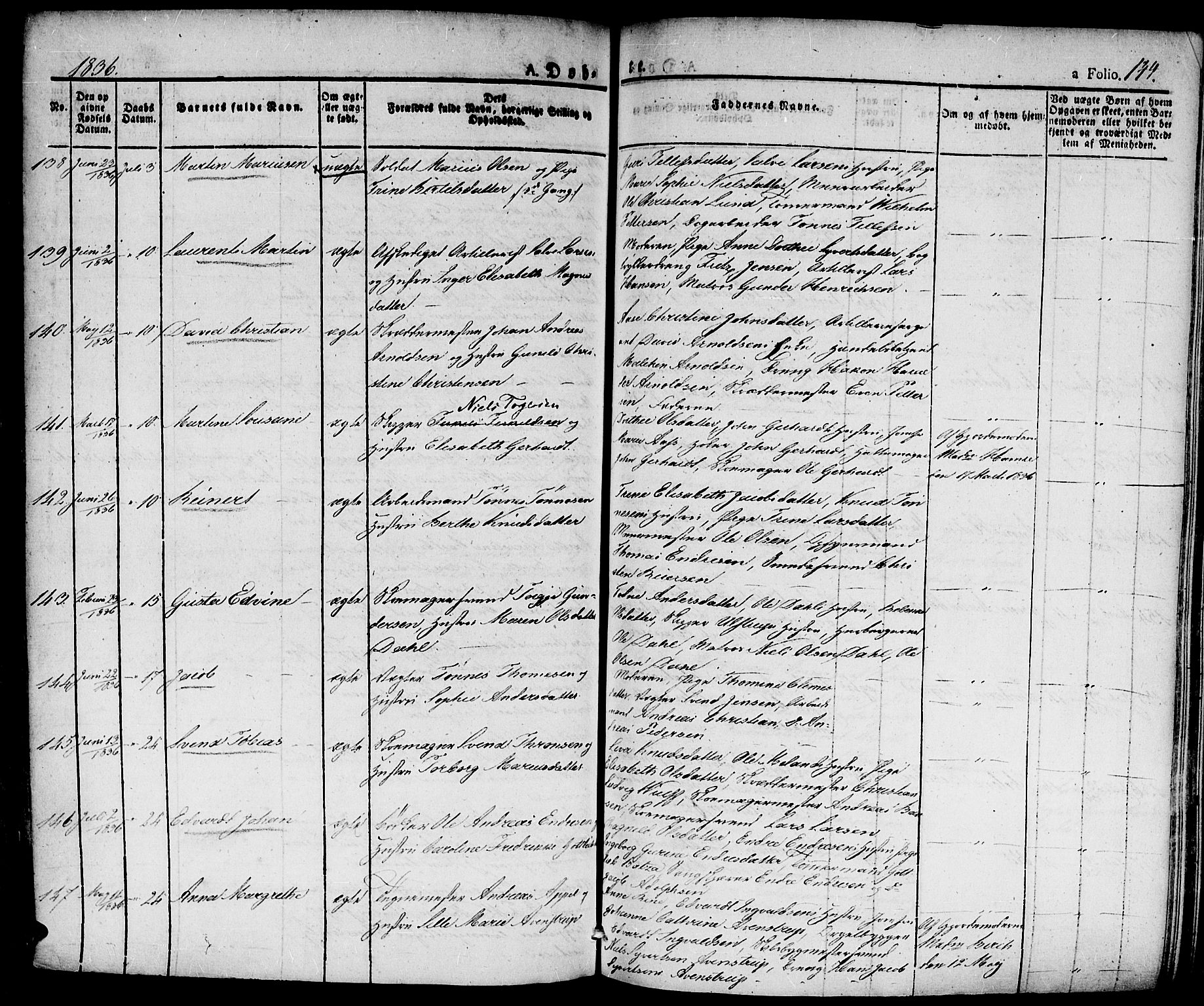 Kristiansand domprosti, SAK/1112-0006/F/Fa/L0011: Parish register (official) no. A 11, 1827-1841, p. 144