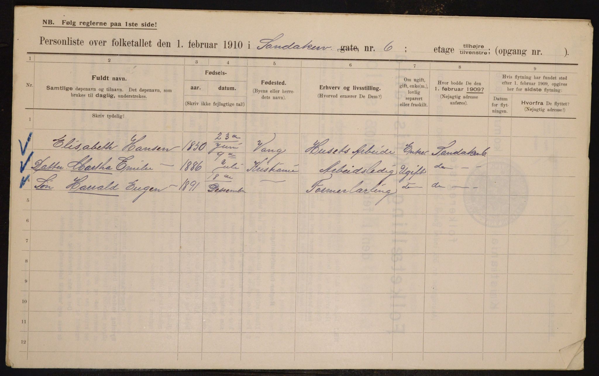 OBA, Municipal Census 1910 for Kristiania, 1910, p. 82955