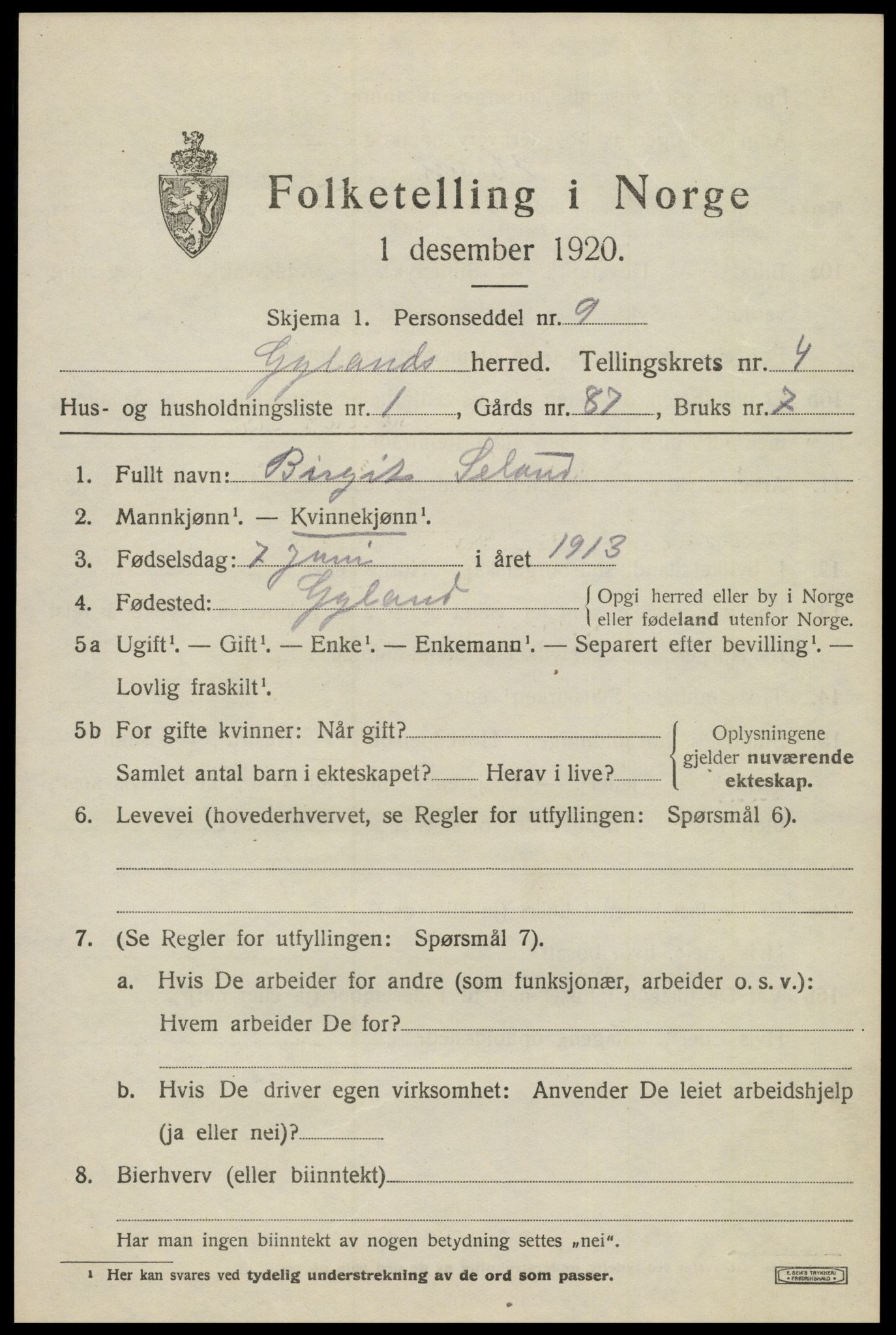 SAK, 1920 census for Gyland, 1920, p. 1054