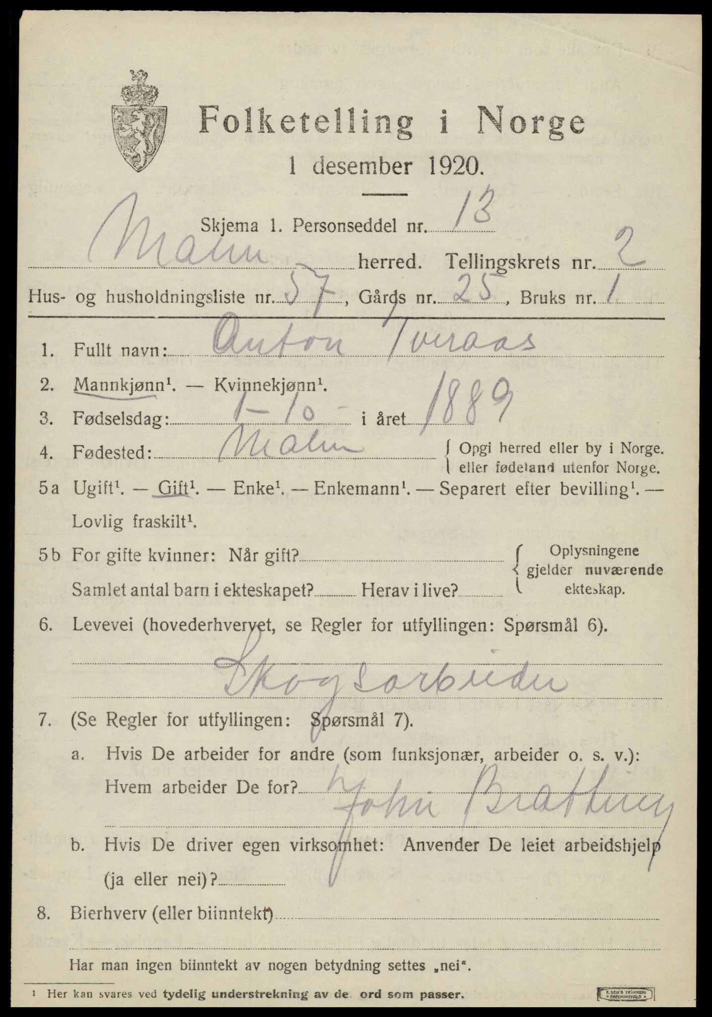 SAT, 1920 census for Malm, 1920, p. 1805