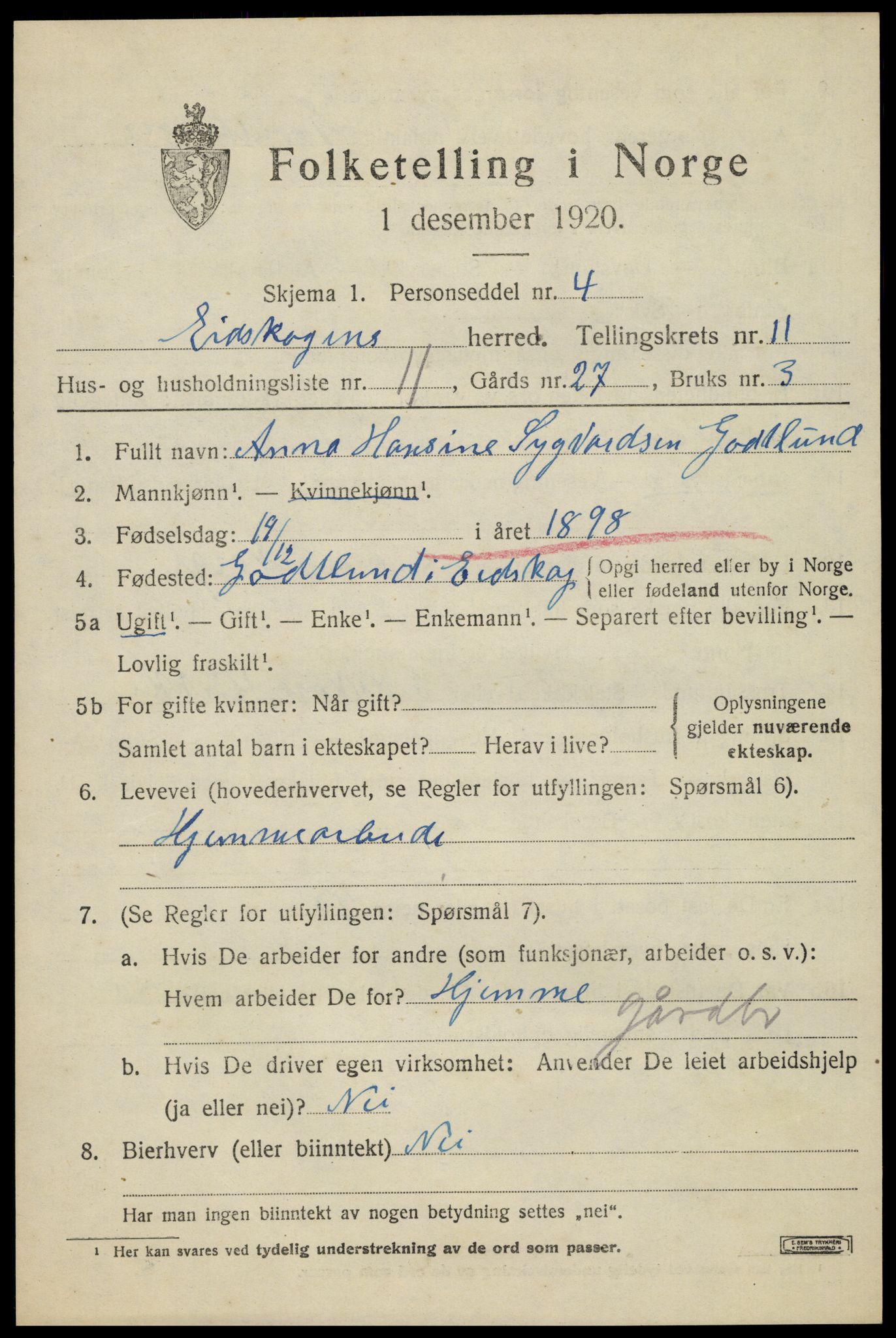 SAH, 1920 census for Eidskog, 1920, p. 11711