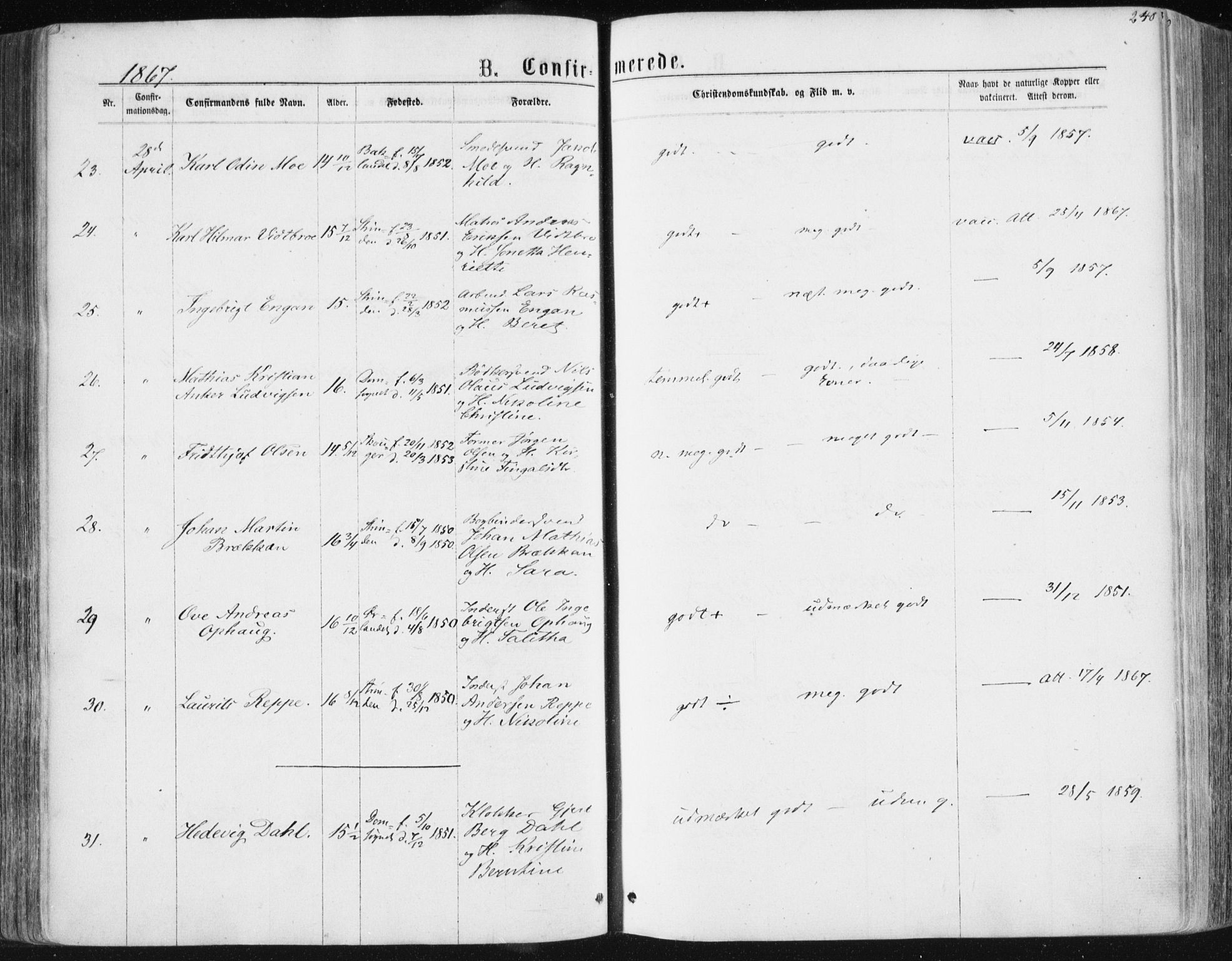 Ministerialprotokoller, klokkerbøker og fødselsregistre - Sør-Trøndelag, AV/SAT-A-1456/604/L0186: Parish register (official) no. 604A07, 1866-1877, p. 240