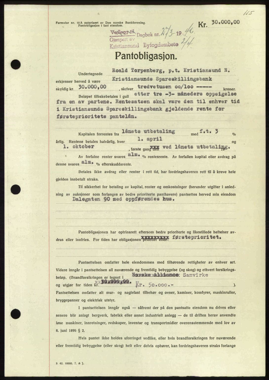 Kristiansund byfogd, AV/SAT-A-4587/A/27: Mortgage book no. 40, 1946-1946, Diary no: : 273/1946