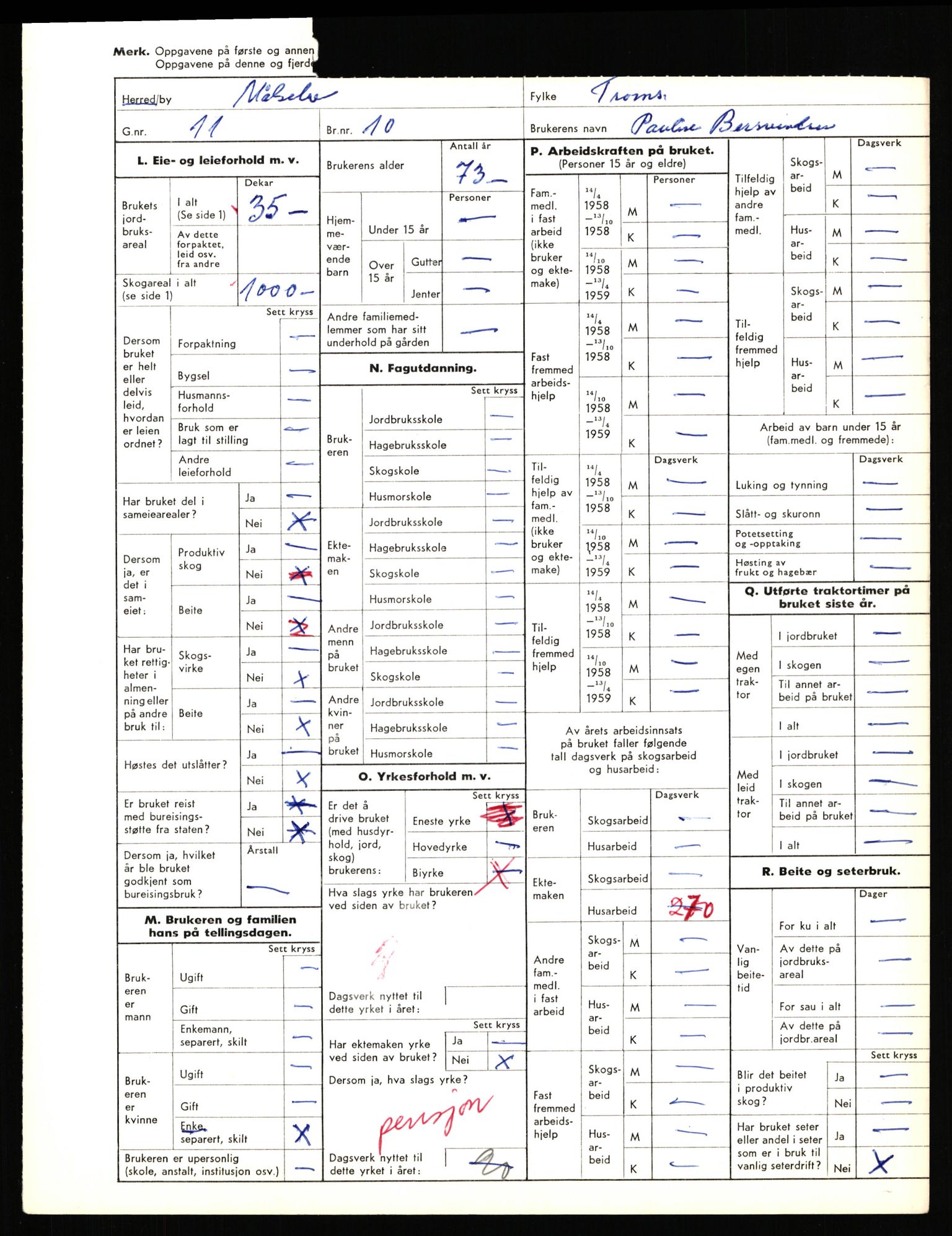 Statistisk sentralbyrå, Næringsøkonomiske emner, Jordbruk, skogbruk, jakt, fiske og fangst, AV/RA-S-2234/G/Gd/L0655: Troms: 1924 Målselv (kl. 4-10), 1959, p. 1221