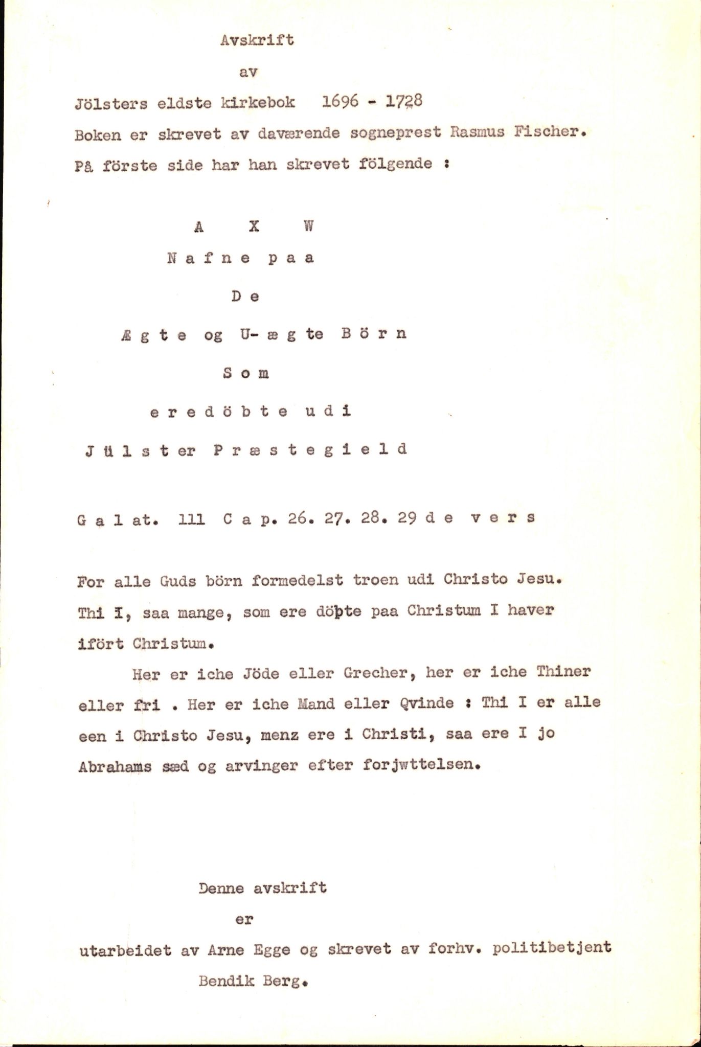 Samling av fulltekstavskrifter, SAB/FULLTEKST/B/14/0005: Jølster sokneprestembete, ministerialbok nr. A 1, 1696-1728, p. 1