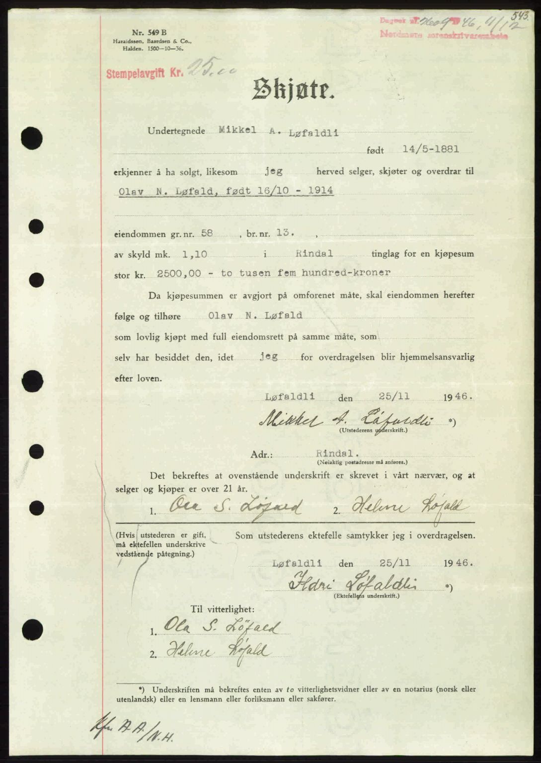 Nordmøre sorenskriveri, AV/SAT-A-4132/1/2/2Ca: Mortgage book no. A103, 1946-1947, Diary no: : 2609/1946