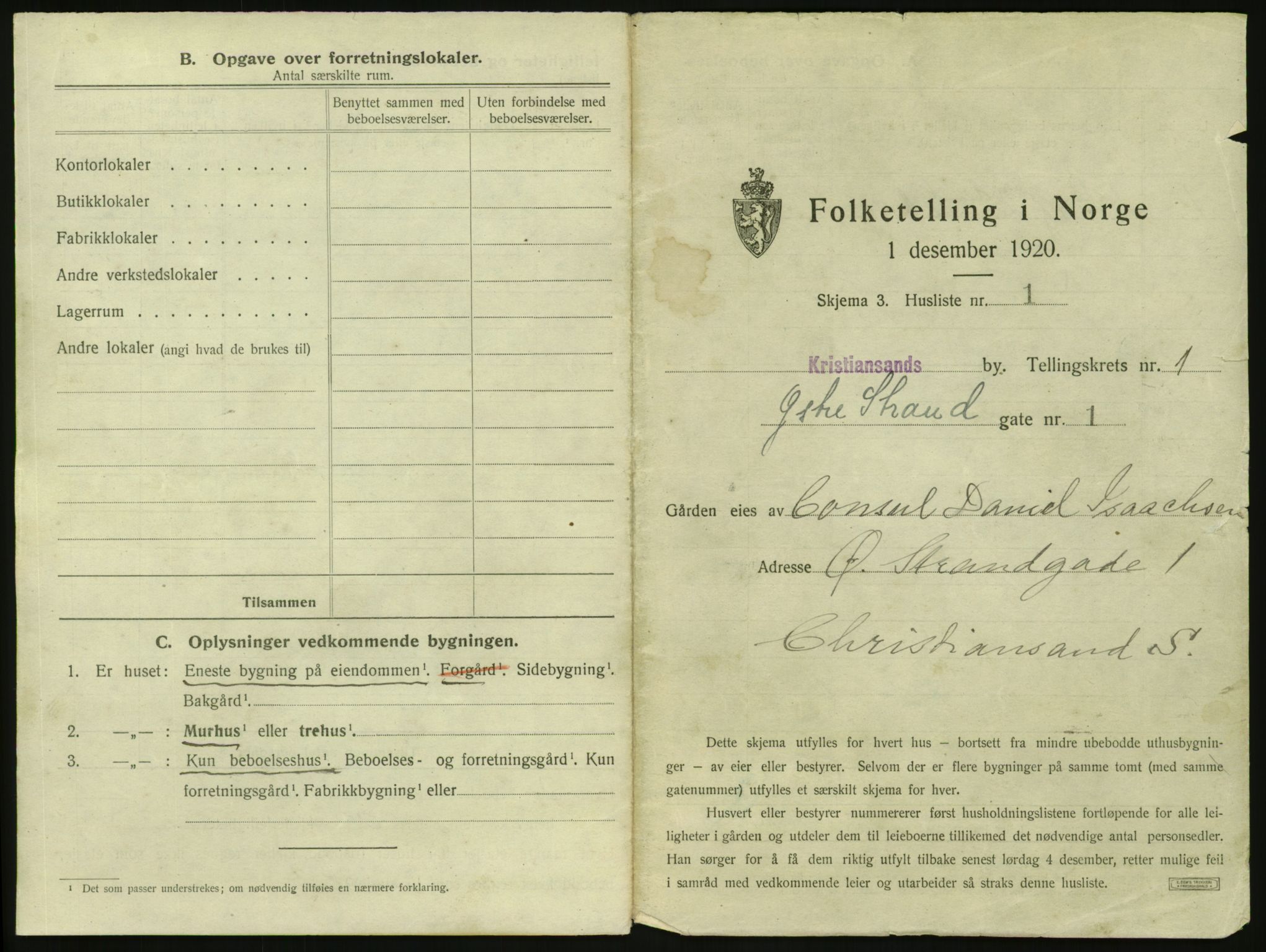 SAK, 1920 census for Kristiansand, 1920, p. 171