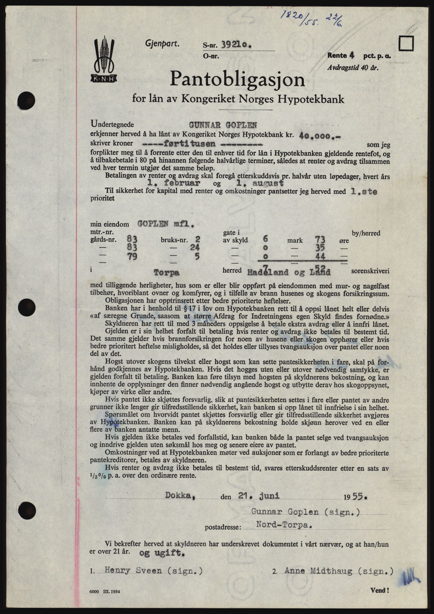 Hadeland og Land tingrett, SAH/TING-010/H/Hb/Hbc/L0032: Mortgage book no. B32, 1955-1955, Diary no: : 1820/1955