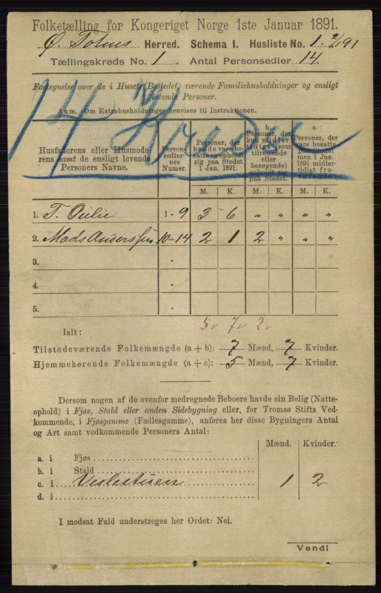 RA, 1891 census for 0528 Østre Toten, 1891, p. 52