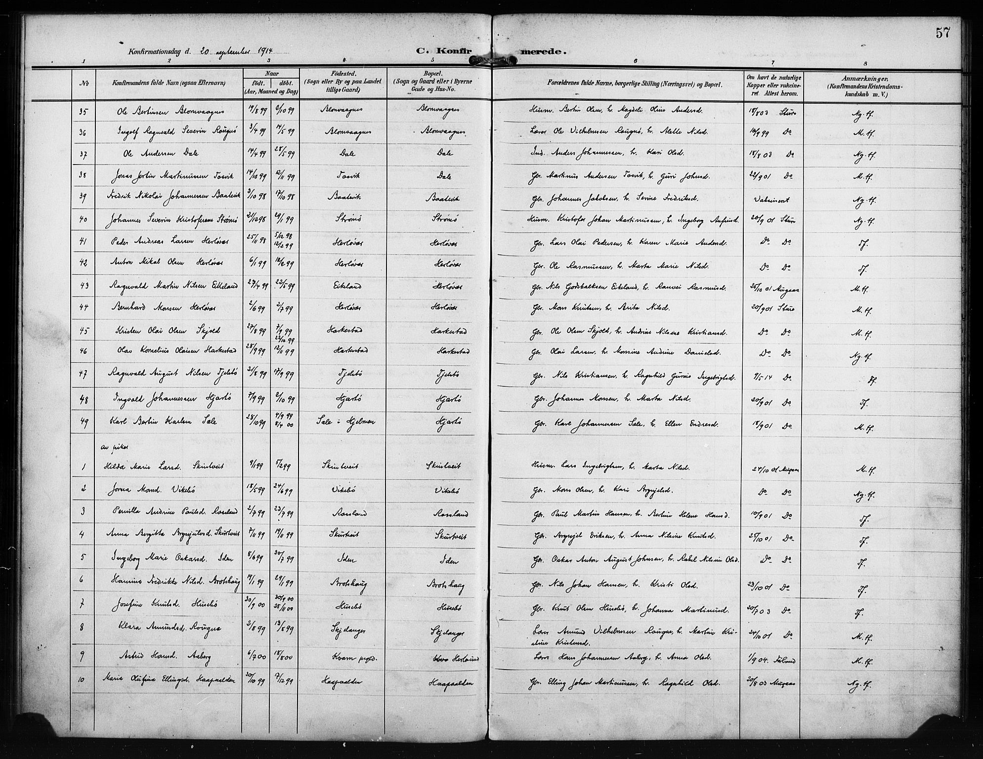 Herdla Sokneprestembete, AV/SAB-A-75701/H/Hab: Parish register (copy) no. A 4, 1902-1923, p. 57