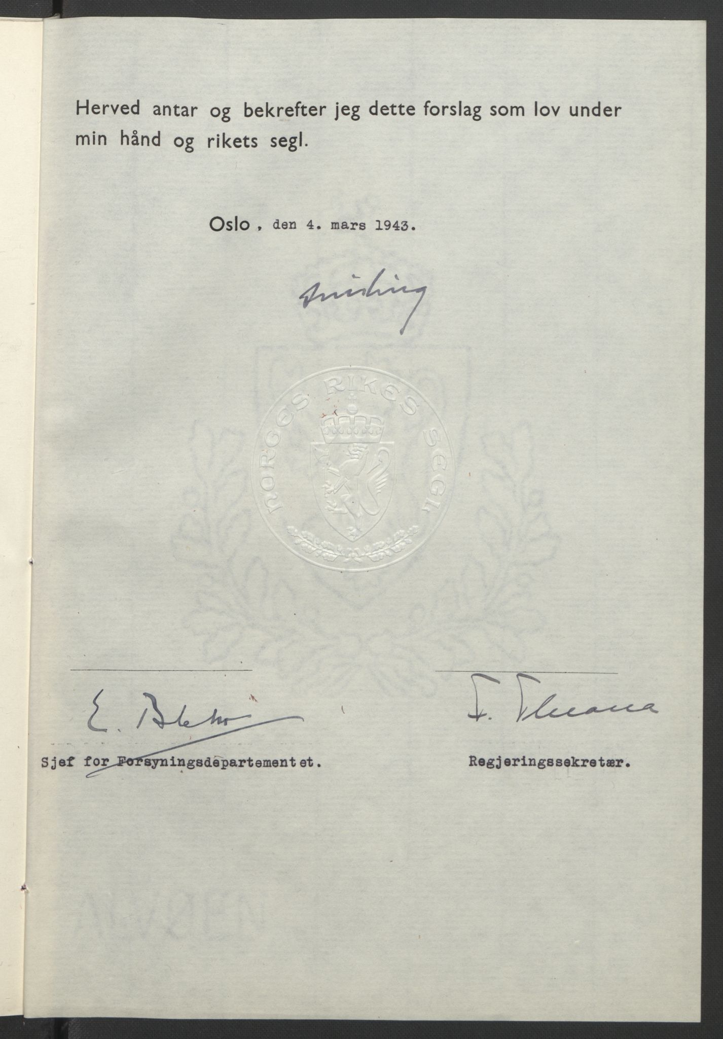 NS-administrasjonen 1940-1945 (Statsrådsekretariatet, de kommisariske statsråder mm), RA/S-4279/D/Db/L0099: Lover, 1943, p. 183