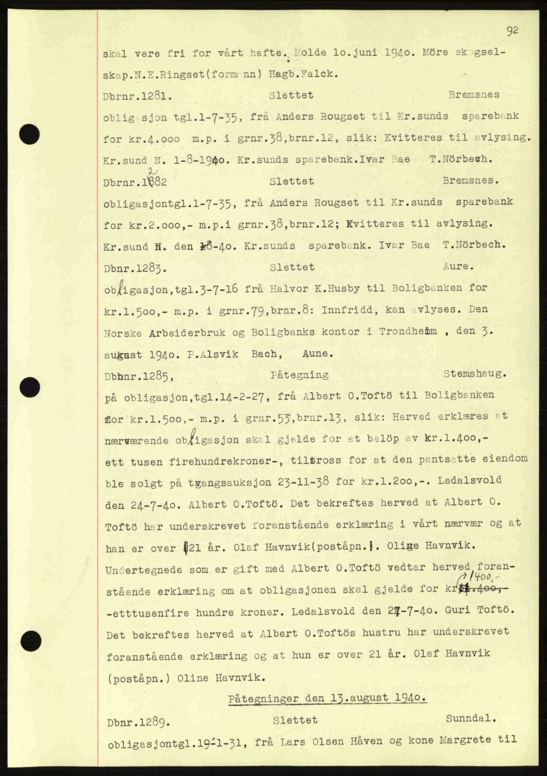 Nordmøre sorenskriveri, AV/SAT-A-4132/1/2/2Ca: Mortgage book no. C81, 1940-1945, Diary no: : 1282/1940