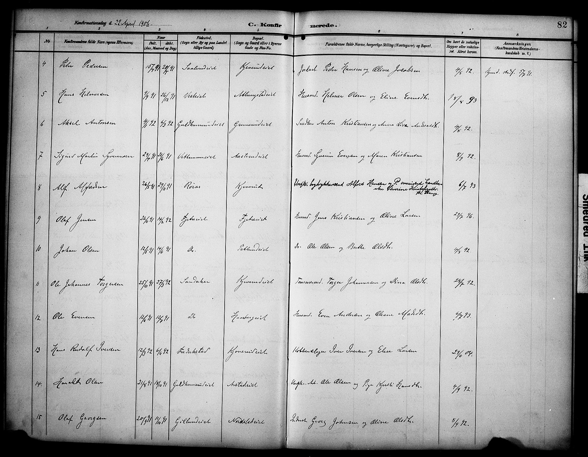 Stange prestekontor, SAH/PREST-002/K/L0022: Parish register (official) no. 22, 1903-1914, p. 82