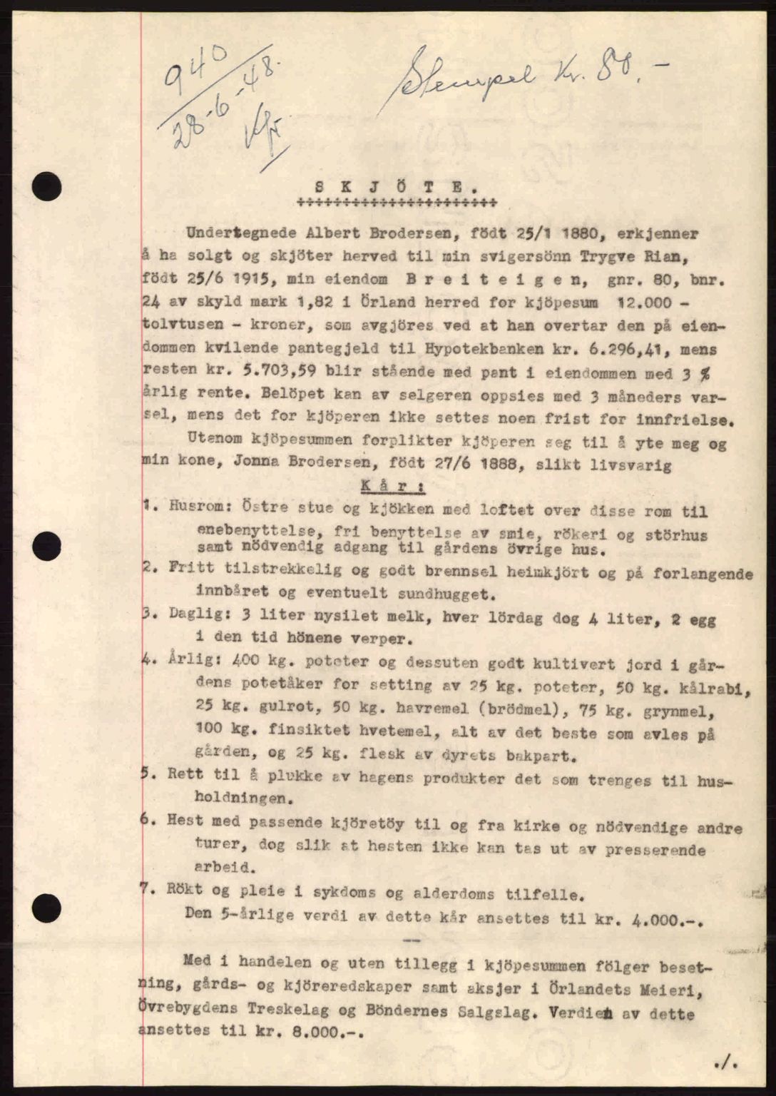 Fosen sorenskriveri, AV/SAT-A-1107/1/2/2C: Mortgage book no. A8, 1948-1948, Diary no: : 940/1948
