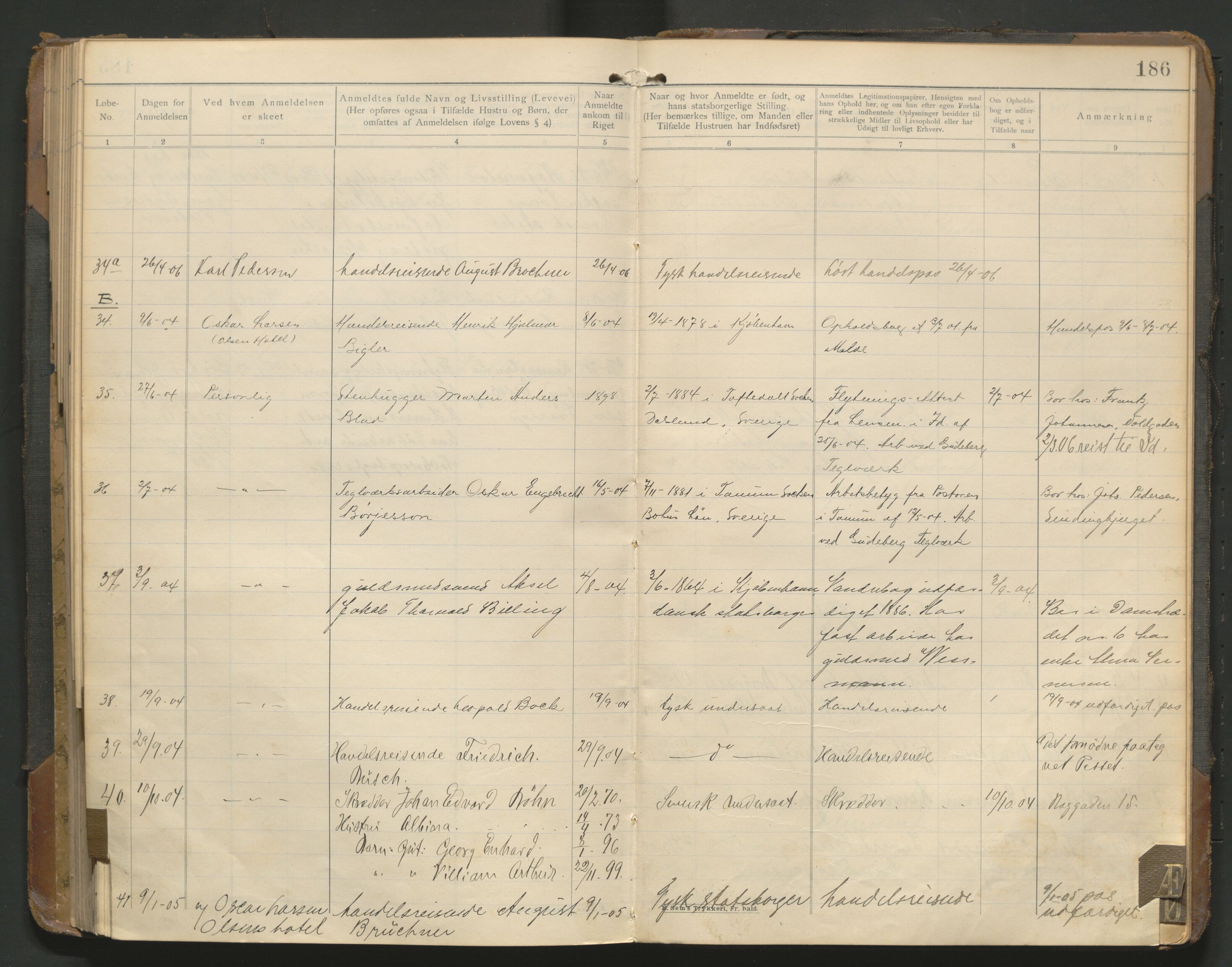 Fredrikstad politikammer, AV/SAO-A-10055/H/Hb/Hba/L0001: Protokoll over fremmede statsborgere, 1901-1916, p. 185b-186a